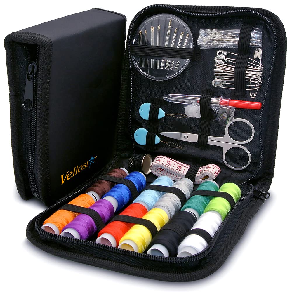 Vellostar Small Black Sewing Kit with Thread Set - Essential Sewing Supplies for Basic Repairs & Emergency Fixes | Perfect for Travel, Home, Office & DIY Projects