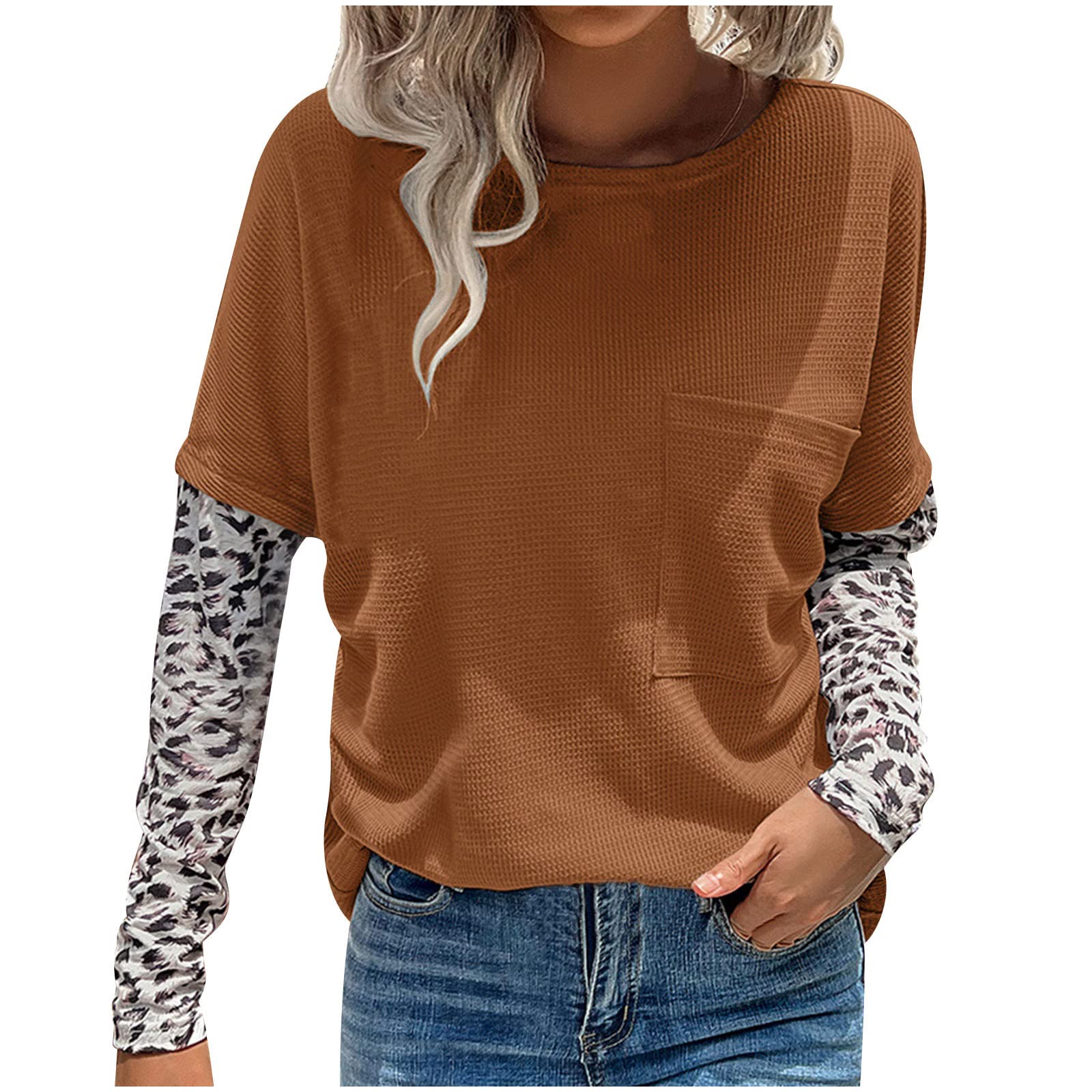 Women's Fashion Tops 2022 - Casual Crewneck Waffle Long Sleeve T-Shirt | Solid Color & Leopard Print Patchwork Blouse | Perfect for Everyday Wear, Office & Weekend Outfits