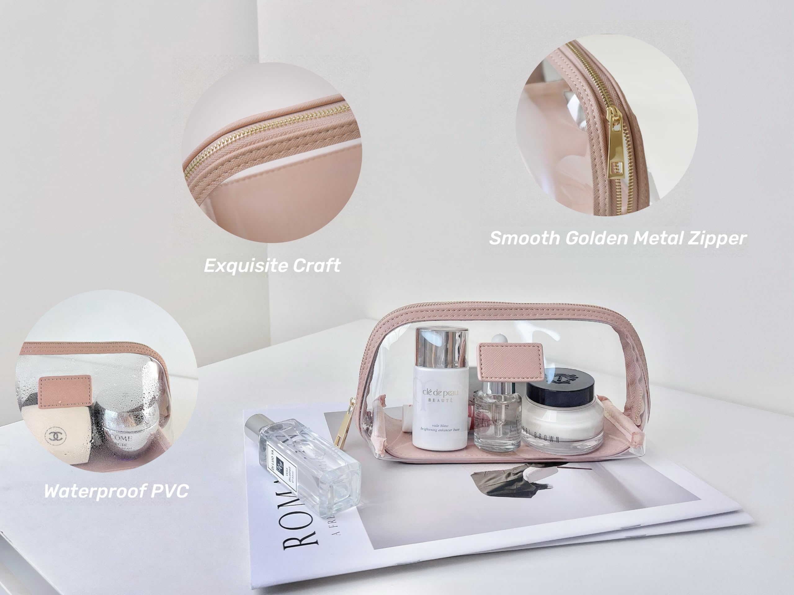 Clear Makeup Bag - Leather Travel Toiletry Case, Portable Waterproof Cosmetic Organizer Storage Pouch (Pink, Small) - Perfect for Travel, Gym & Daily Beauty Essentials
