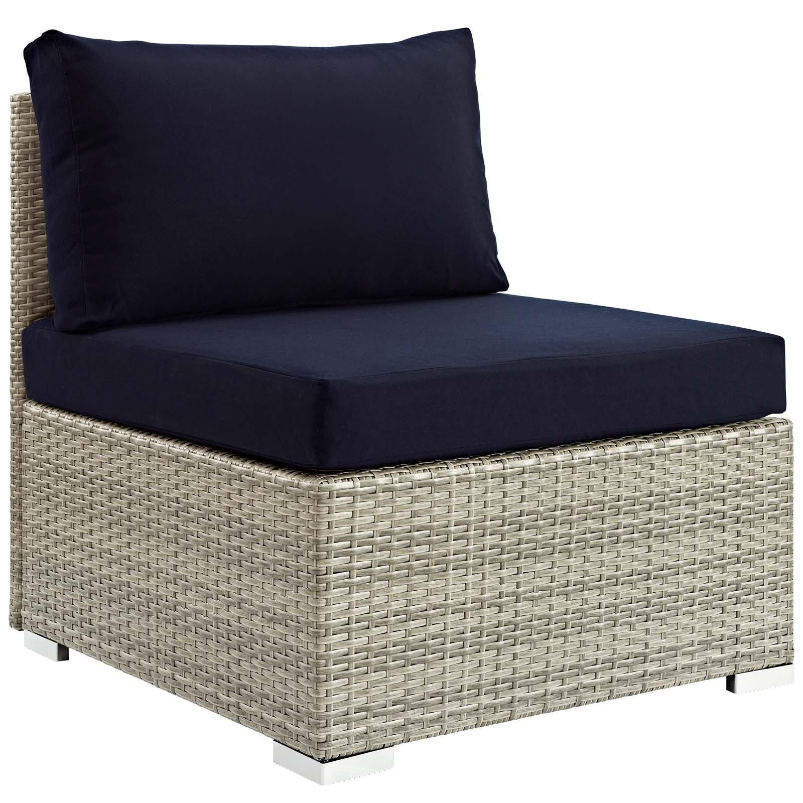 Modway Repose Wicker Rattan Outdoor Patio Armless Sectional Sofa Chair with Cushions - Light Gray & Navy - Perfect for Backyard, Poolside & Garden Relaxation