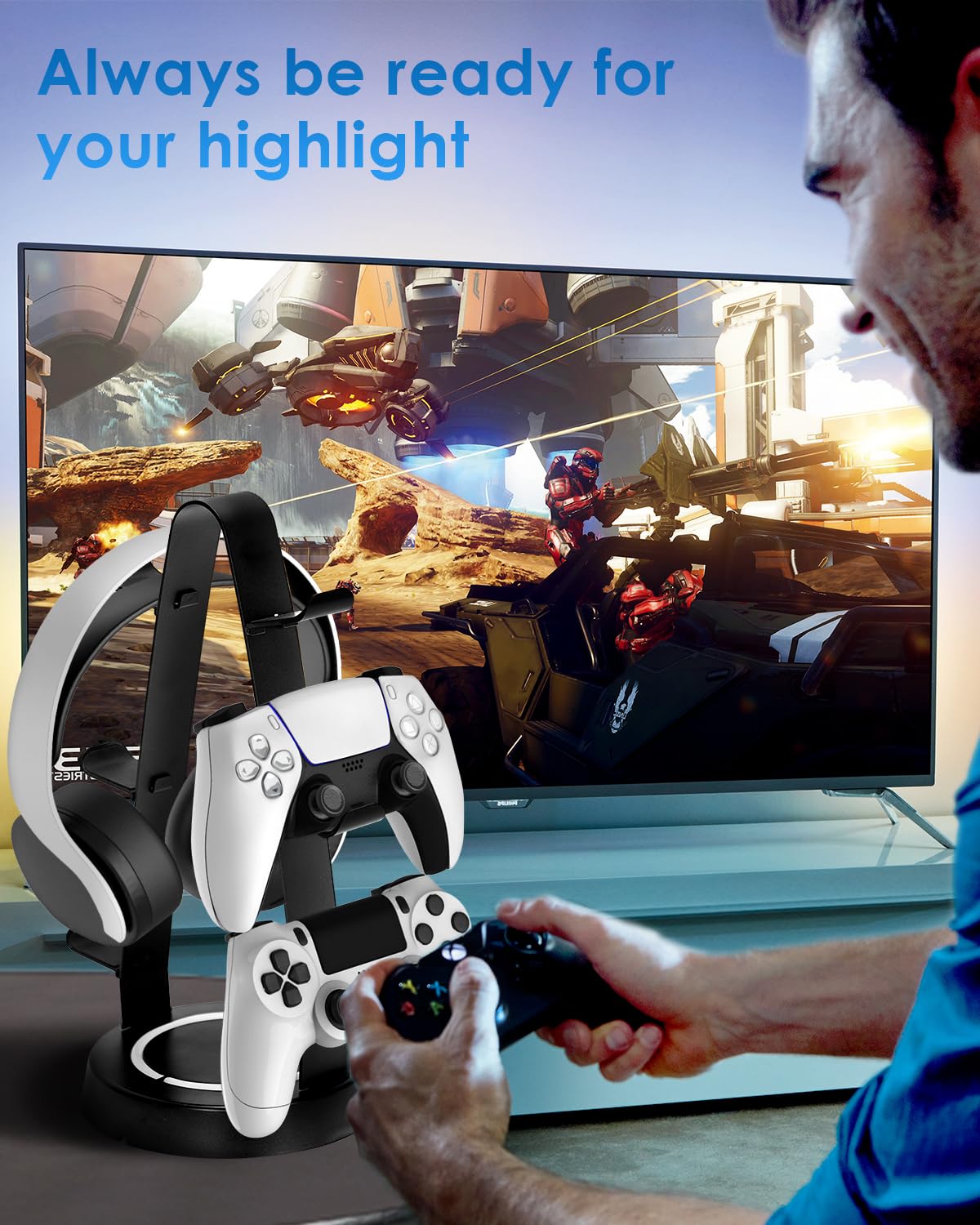 3-Tier Universal Aluminum Game Controller & Headphone Stand - Compatible with Xbox, PS4, PS5, Switch & PC Gaming Accessories - Desk Storage Organizer for Gaming Setup & Office Organization (Black)