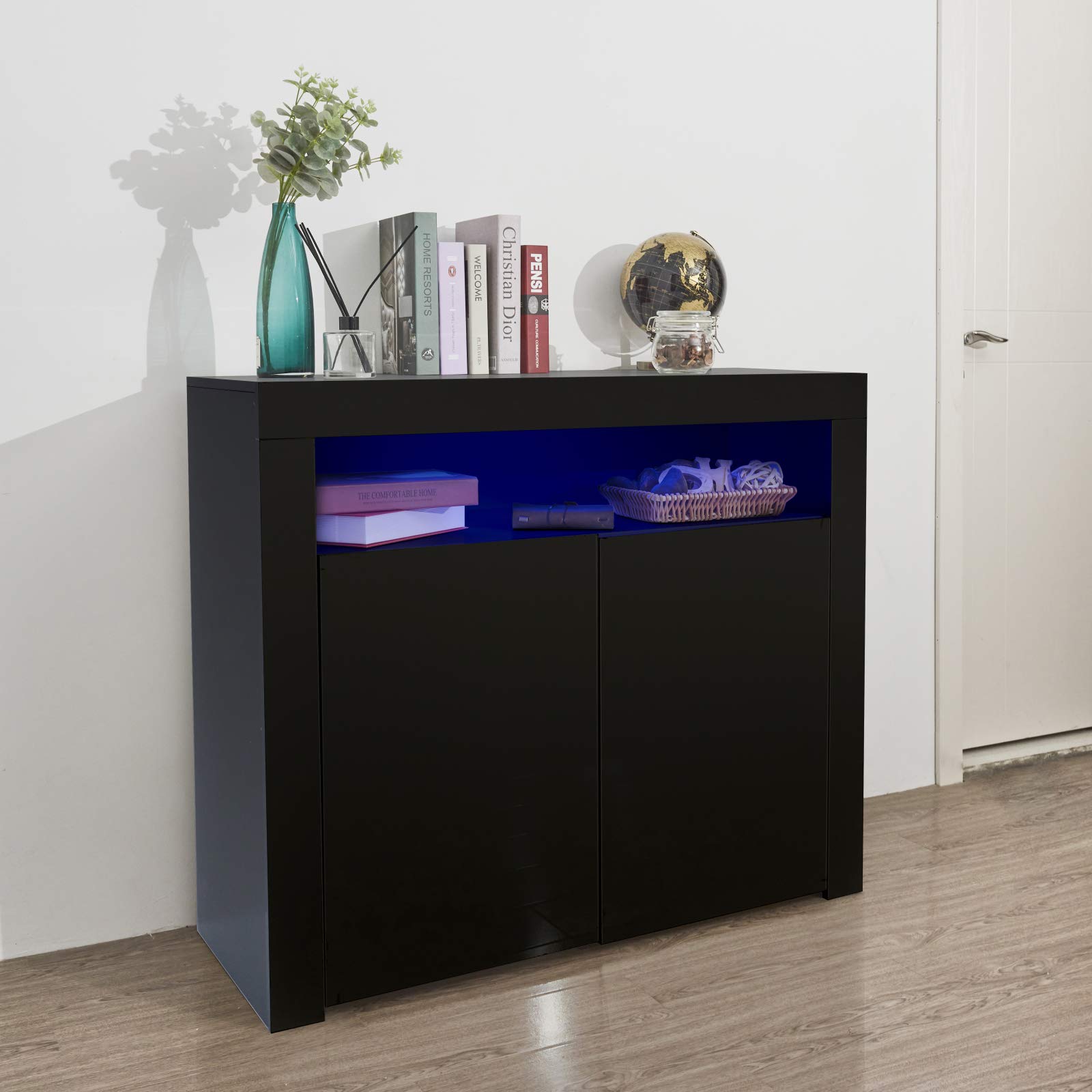 Modern LED High Gloss Sideboard Buffet Cabinet with Storage & Open Shelves - Kitchen Buffet, Coffee Bar, TV Stand for Dining Room, Living Room & Hallway (Black) - Perfect for Entertaining, Storage & Home Decor