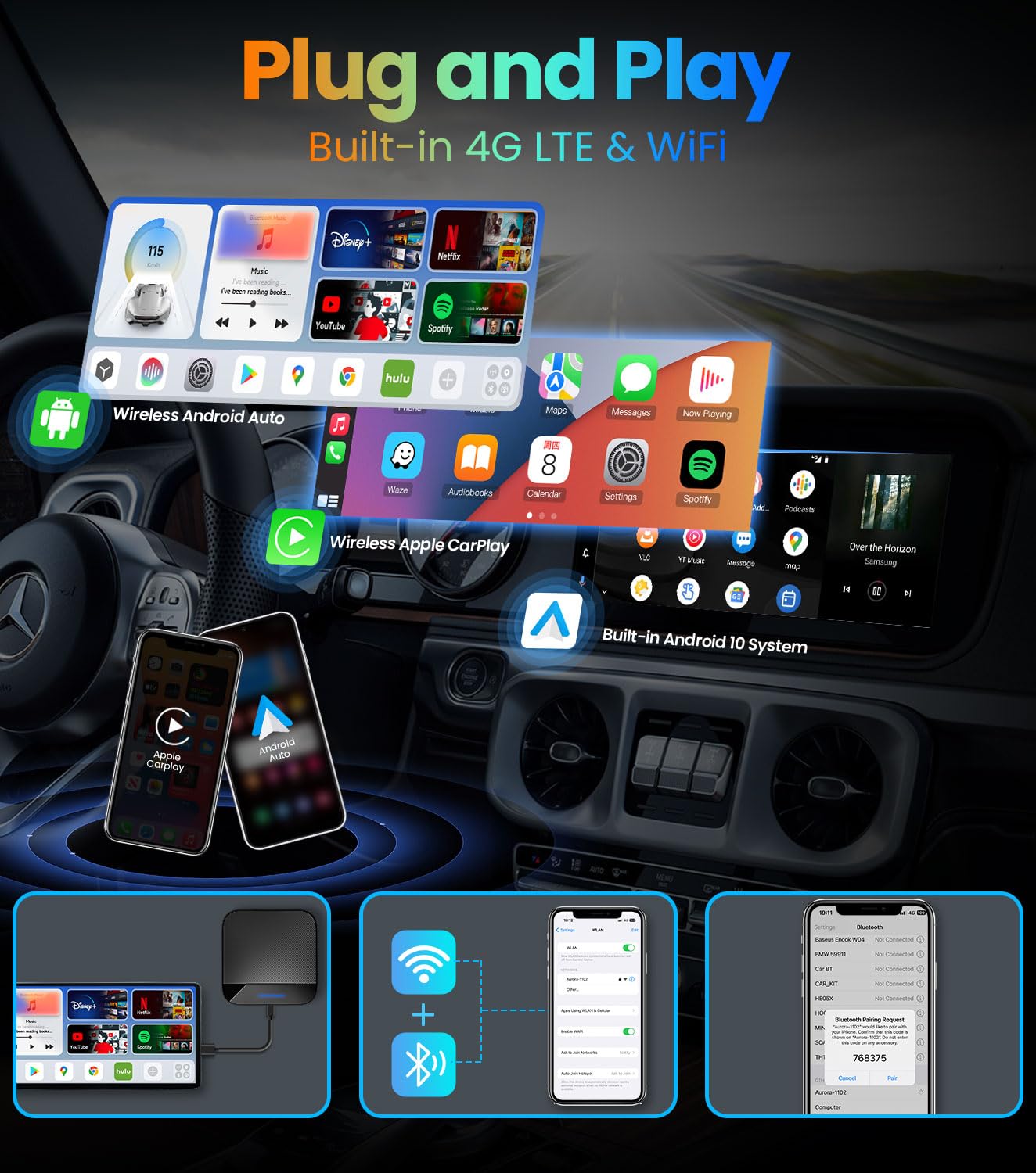 Wireless CarPlay Android Auto Adapter - 8 Core Magic AI Box with Google Store, Disney+, Netflix & YouTube - Built-in Navigation & SIM/TF Card Support - Only for OEM Wired CarPlay Vehicles - Perfect for Road Trips, Commuting & In-Car Entertainment