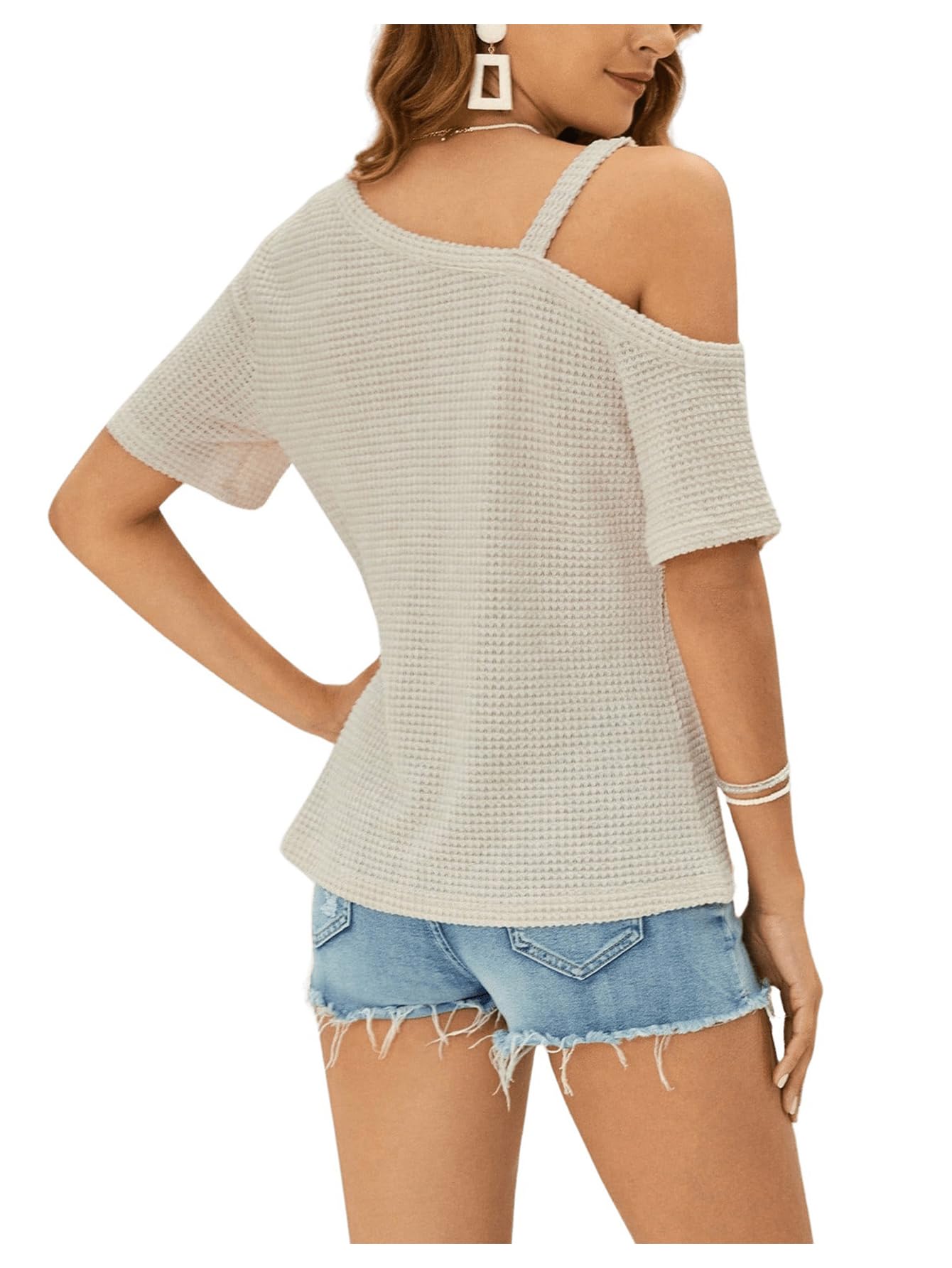 OYOANGLE Women's Cold Shoulder Short Sleeve Asymmetrical Neck T-Shirt - Waffle Knit Solid Blouse for Casual Wear, Date Night & Summer Outfits