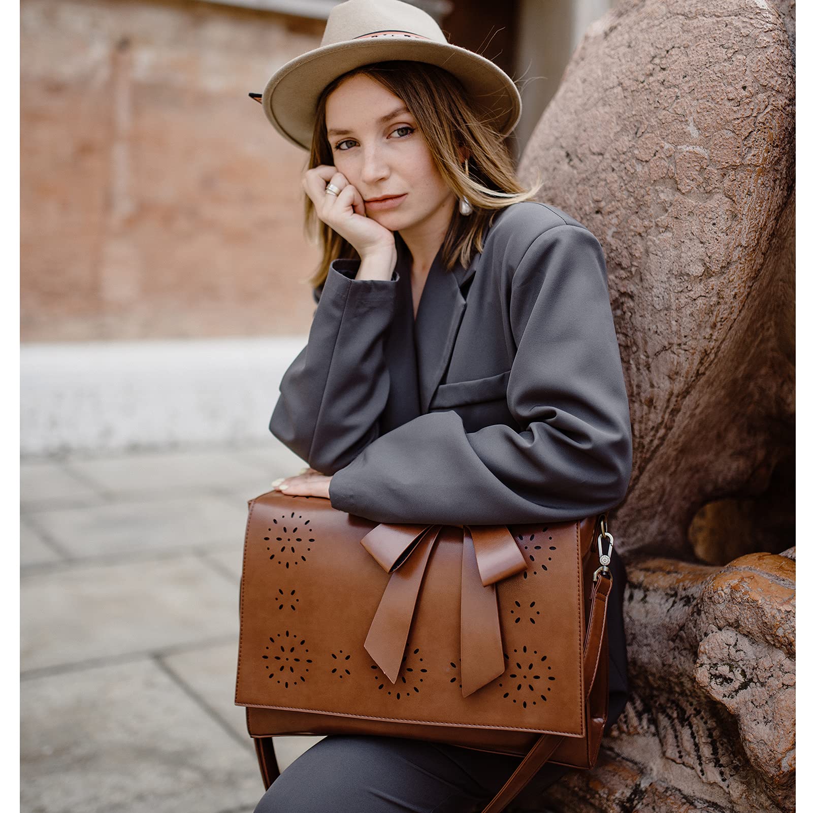 ECOSUSI Vegan Leather Women's Briefcase - Stylish Laptop Bag for Work & Business, Detachable Bow Shoulder Satchel - Perfect for Office, Commuting & Travel