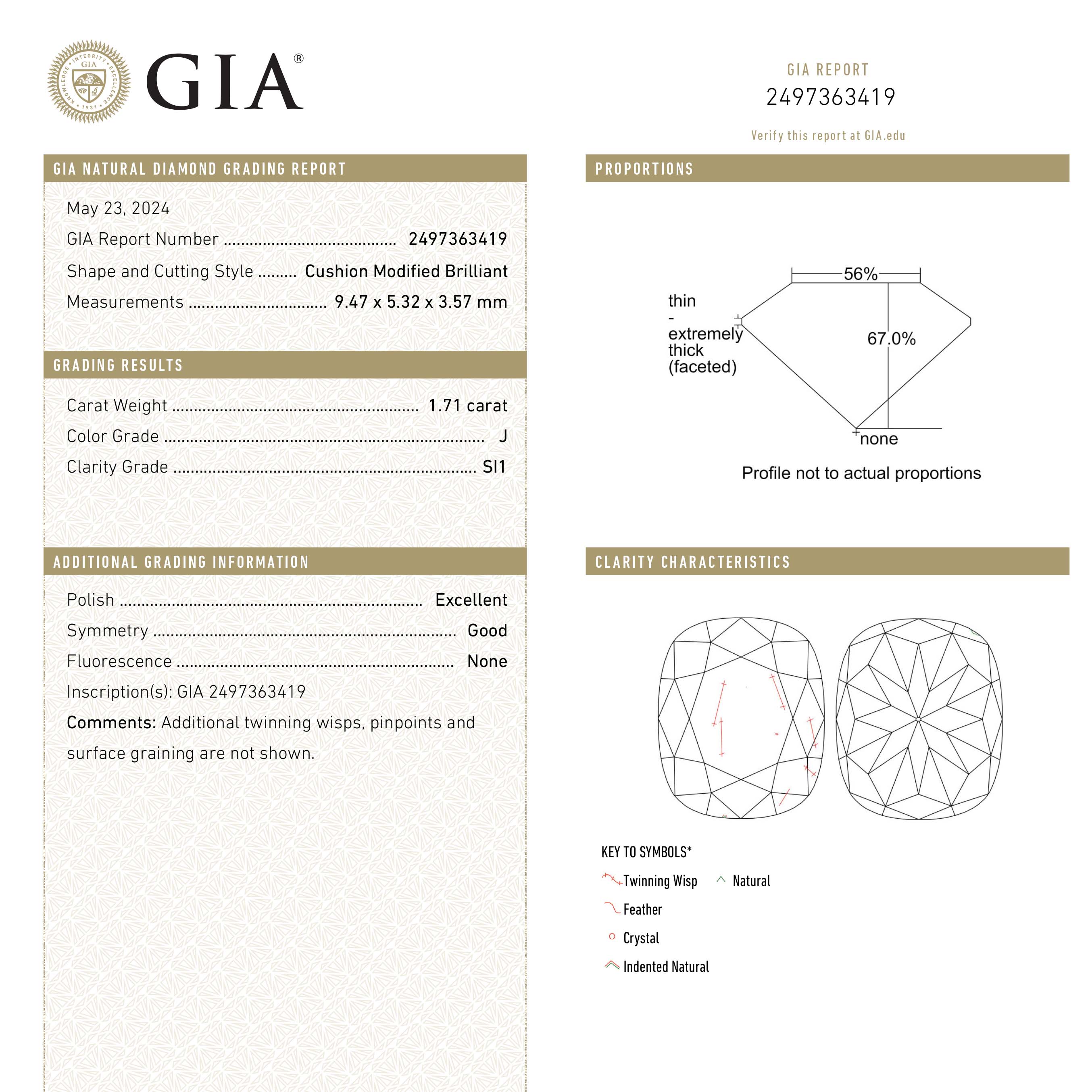 1.71ct GIA Certified Cushion Cut Diamond - 9.47x5.32x3.57mm, SI1 Clarity, J Color | Brilliant Cut Engagement Ring Center Stone for Wedding & Anniversary Jewelry