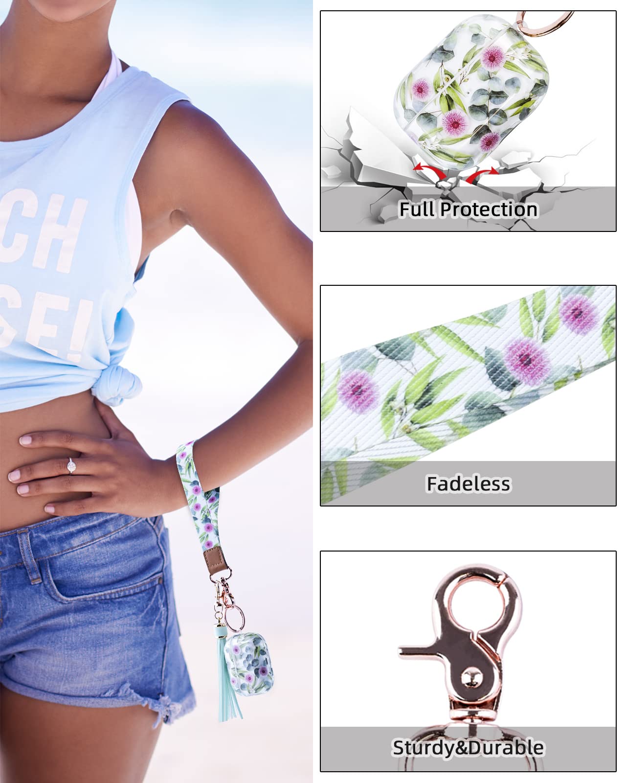 OULRAEFS Cute Hard Protective Case Cover with Wristlet Keychain & Lanyard for AirPods Pro (2019) - Clear Eucalyptus Design - Perfect Gift for Women & Girls - Ideal for Travel, Gym, and Everyday Use