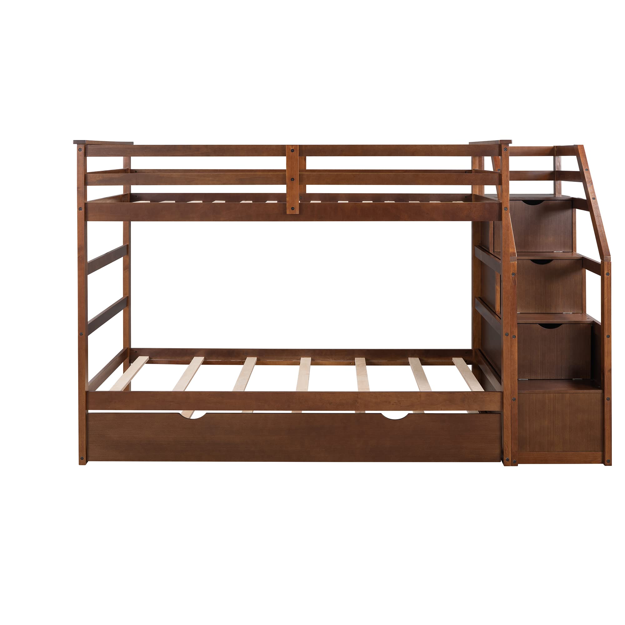 Harper & Bright Designs Twin Over Twin Bunk Bed with Trundle - Solid Wood Bunk Bed with Storage Stairs for Kids, Teens & Adults - Space-Saving Walnut Bunk Bed for Small Rooms, Guest Rooms & Vacation Homes