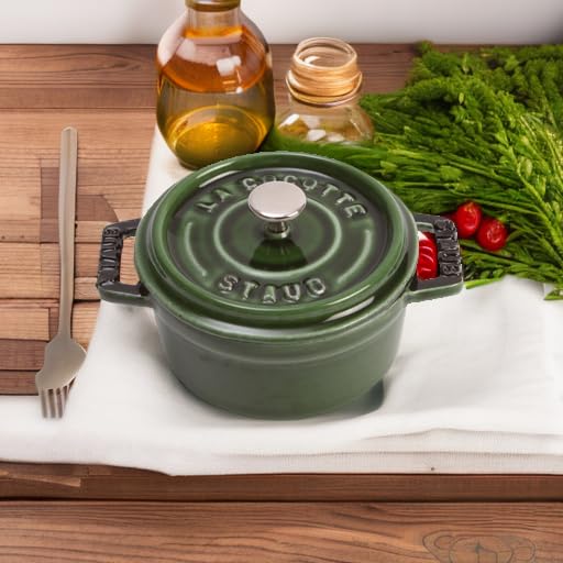 Staub Mini Pico Cocotte Round Enameled Cast Iron Pot - 0.25 Qt, Basil Green | Perfect for Individual Servings, French Onion Soup & Baked Desserts | Small Two-Handed Dutch Oven for Kitchen & Dining