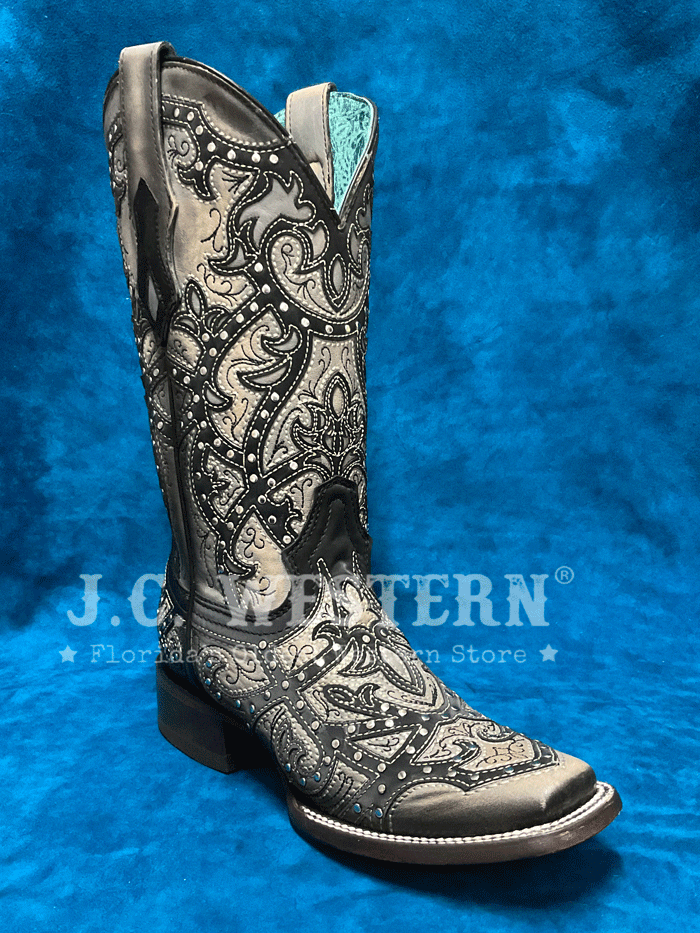 Corral C4046 Women's Western Boots - Laser Embroidered & Studded Cowgirl Boots in Black & Grey | Perfect for Rodeo, Country Dancing & Western Fashion