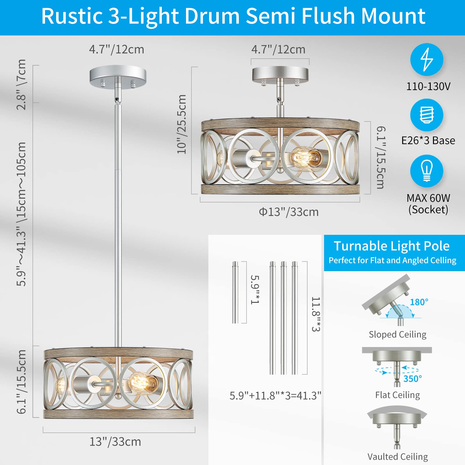 Modern Adjustable Height Pendant Light - Brushed Nickel & Wood Grain Metal 13