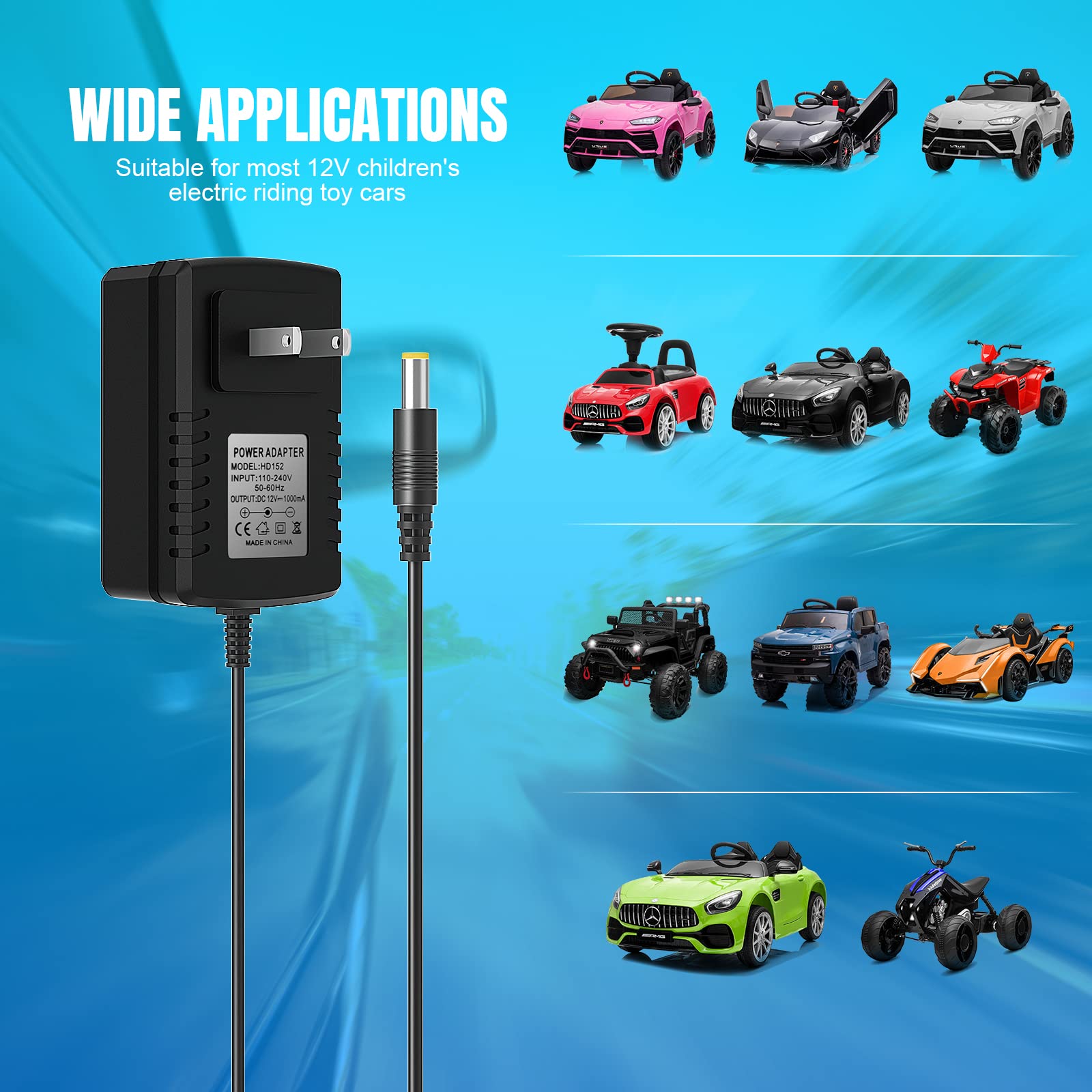 12V Kids Ride On Toy Car Battery Charger - 12 Volt Charger for Wrangler, SUV, Jeep, ATV, Mercedes, Lamborghini, Quad, Kidzone, Bumper & Disney Toy Cars - Perfect for Outdoor Playtime and Indoor Charging