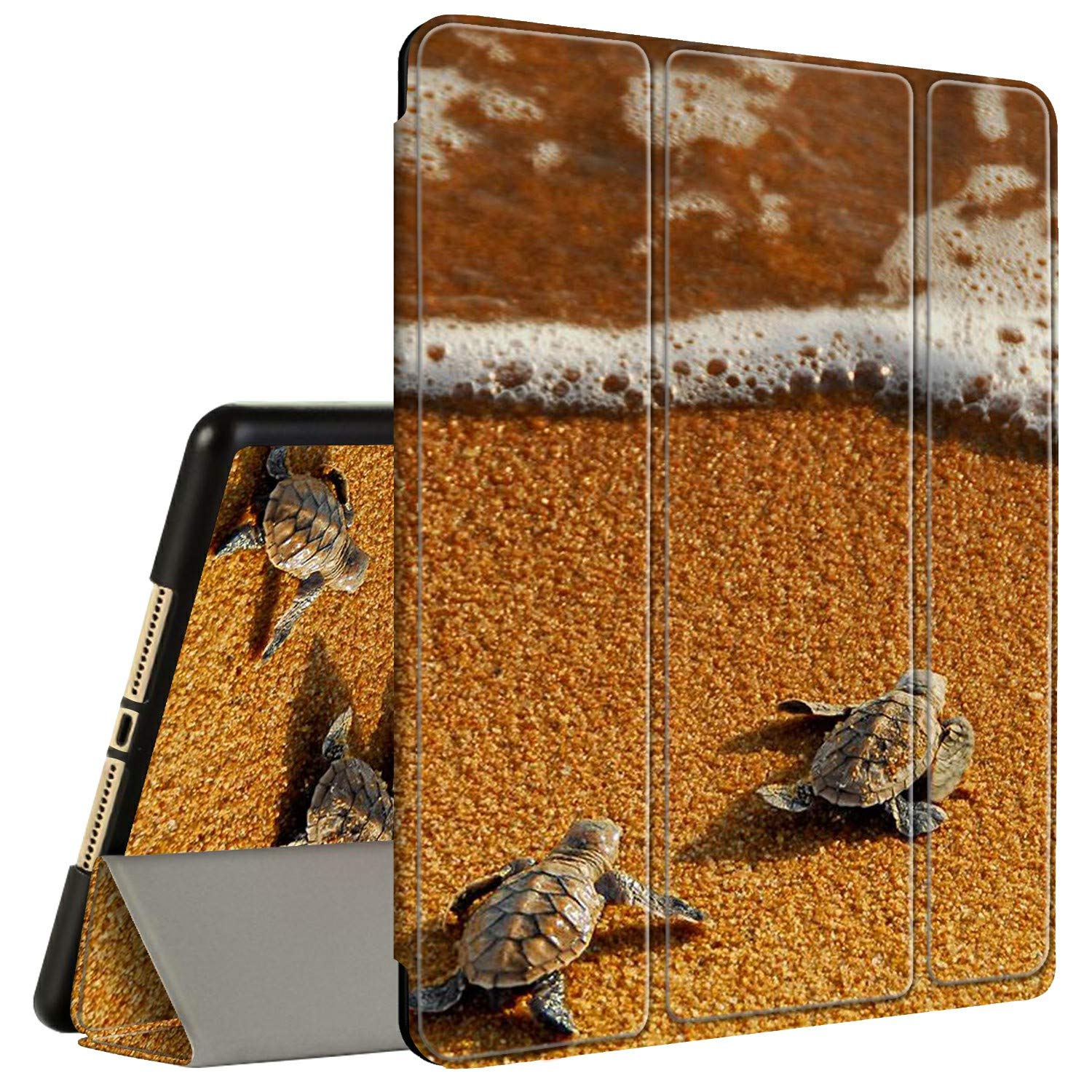 Amook Tri-Fold Smart Cover Stand Case for iPad 9.7 (2017/2018) & iPad Air 1/2 - Shockproof Protection with Pencil Holder - Baby Sea Turtles Design - Perfect for Work, School & Travel