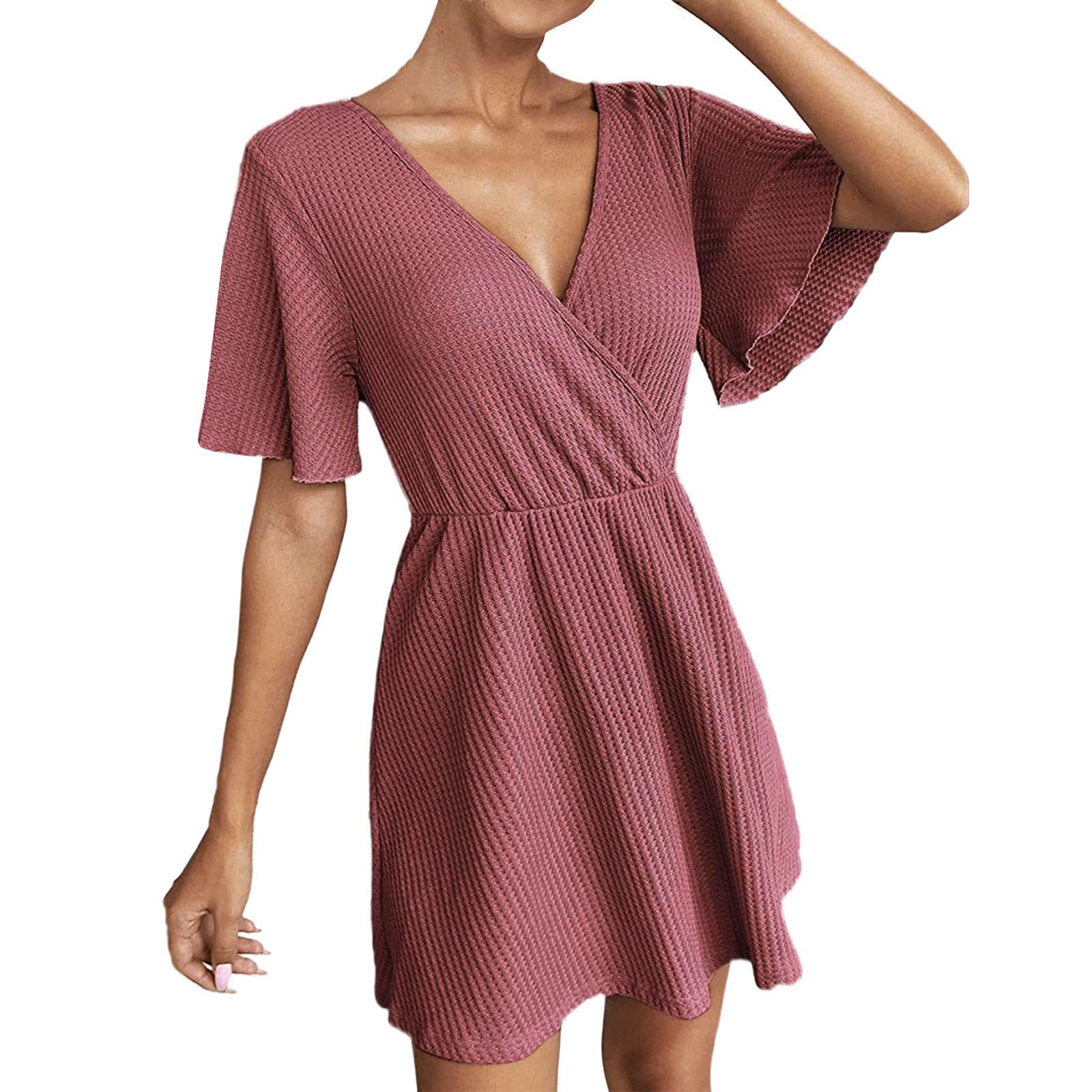 Stylish Women's Short Sleeve V-Neck High Waist A-Line Sun Dress - Comfortable Summer Dress for Casual Outings, Beach Vacations & Date Nights
