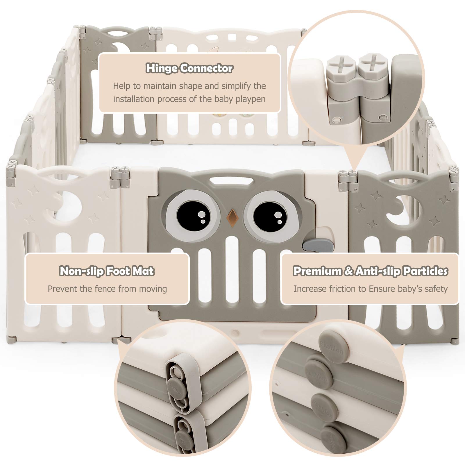 Costzon 14-Panel Foldable Baby Playpen with Locking Door - Non-Slip Rubber Bases & Pads for Safety - Indoor/Outdoor Adjustable Play Yard for Toddlers & Infants (Beige) - Perfect for Home, Nursery, Daycare & Backyard Use