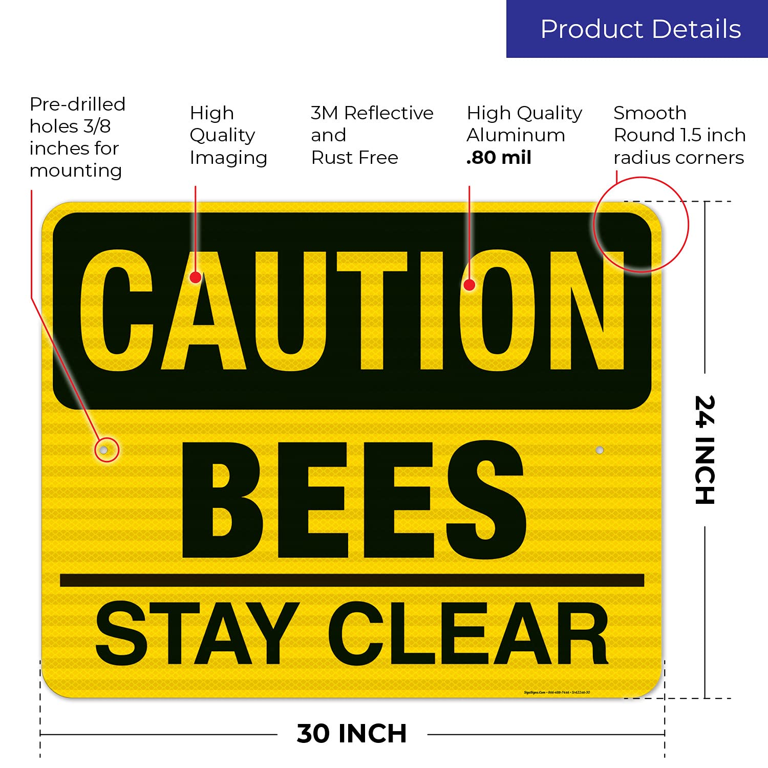 Bees Stay Clear Sign - 24x30 Inches Reflective Aluminum Warning Sign, 3M EGP .080 Thick, Fade Resistant, Made in USA - Perfect for Beekeeping Areas, Farms & Outdoor Spaces