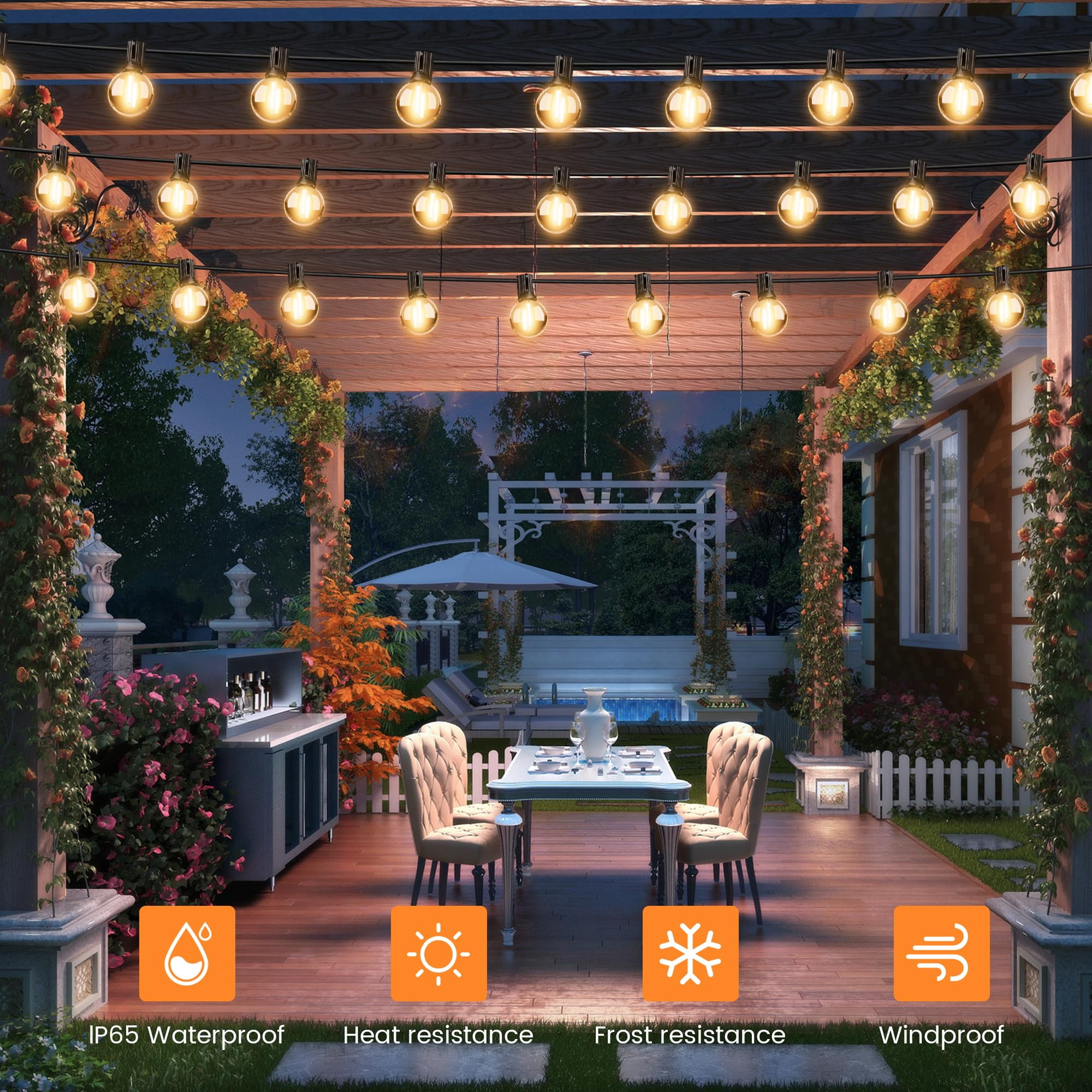 OHLUX 60FT Solar Powered Outdoor String Lights with Remote - 25+2 LED Waterproof Patio Lights, 4 Lighting Modes, Shatterproof G40 Bulbs - Perfect for Backyard, Garden, Deck, Wedding & Party Decorations