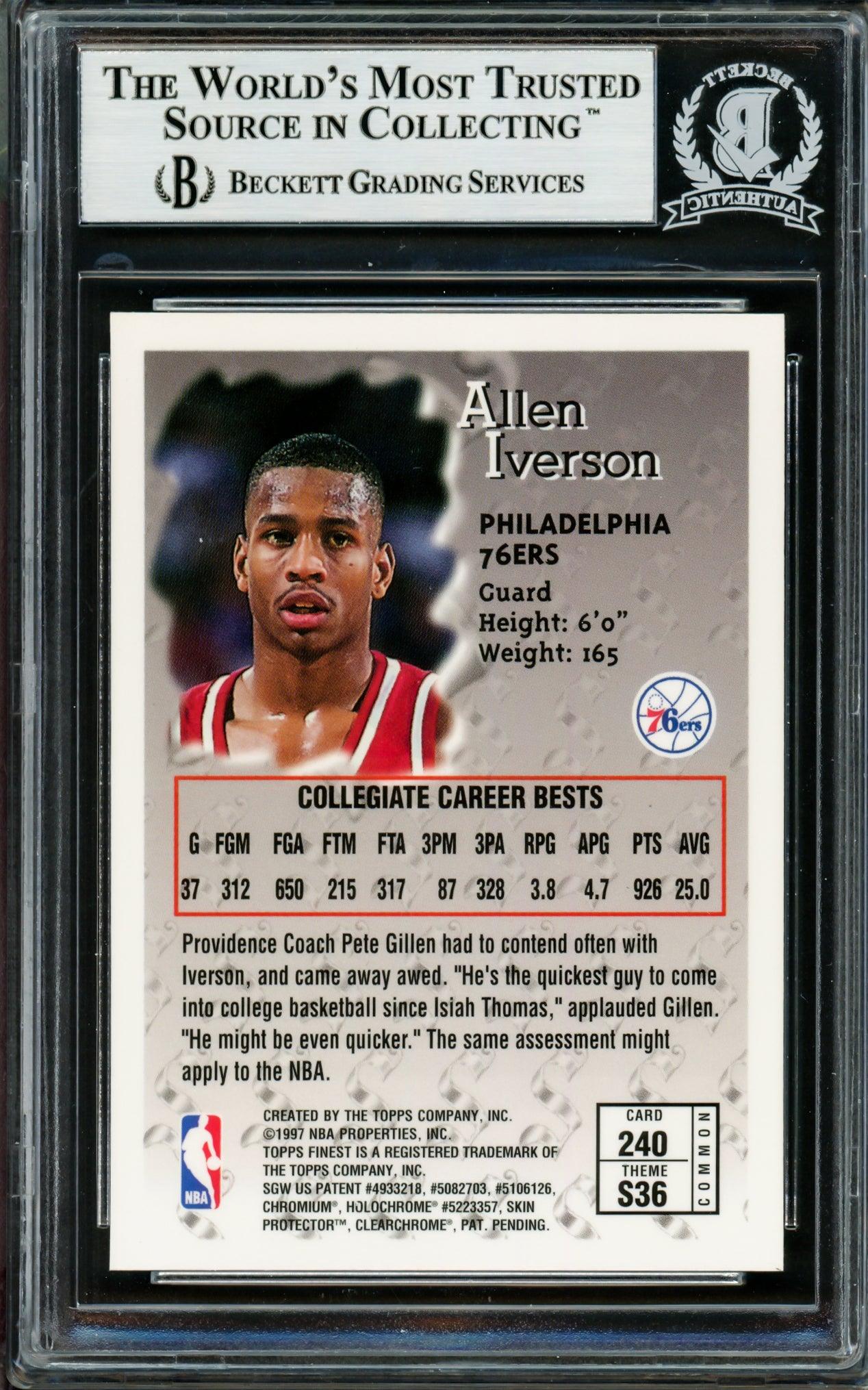 Allen Iverson Autographed 1996-97 Topps Finest Sterling Rookie Card #240 Philadelphia 76ers Beckett BAS #14133955 - Rare Collectible for Basketball Fans & Sports Memorabilia Enthusiasts - Perfect for Display, Investment, or Gift Giving