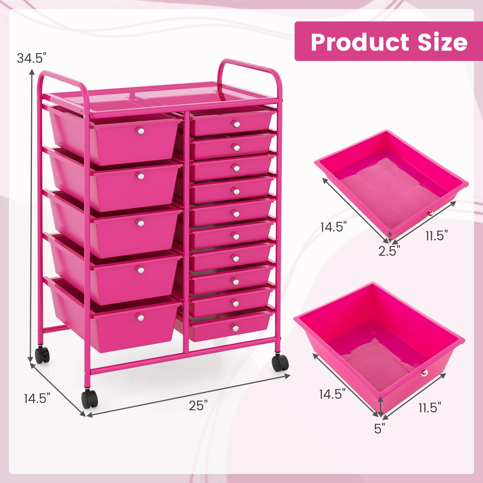 15-Drawer Rolling Storage Cart with Lockable Wheels - Multipurpose Craft Organizer for Tools, Arts, Scrapbooking, Papers - Perfect for Home, Office & School Use (Hot Pink) - Ideal for Craft Rooms, Classrooms & Workspaces