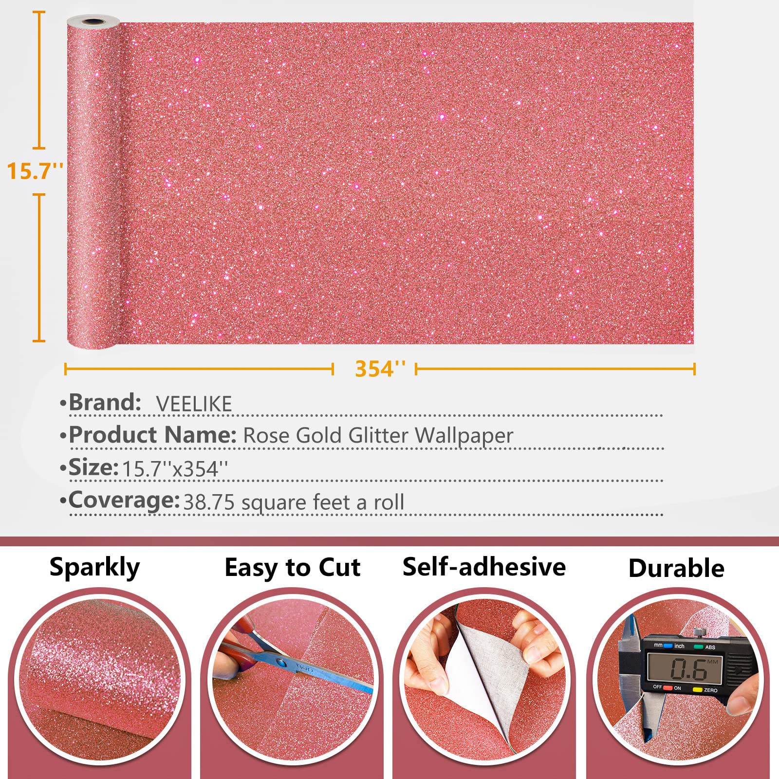 VEELIKE Shimmer Rose Gold Glitter Wallpaper Roll 15.7''x354'' - Peel and Stick Self-Adhesive Removable Wallpaper for Walls, Cabinets, Furniture - Sparkly Decorative Contact Paper for Bedroom, Art, Crafts & DIY Home Decor - Perfect for Accent Walls, Dressers, and Creative Projects