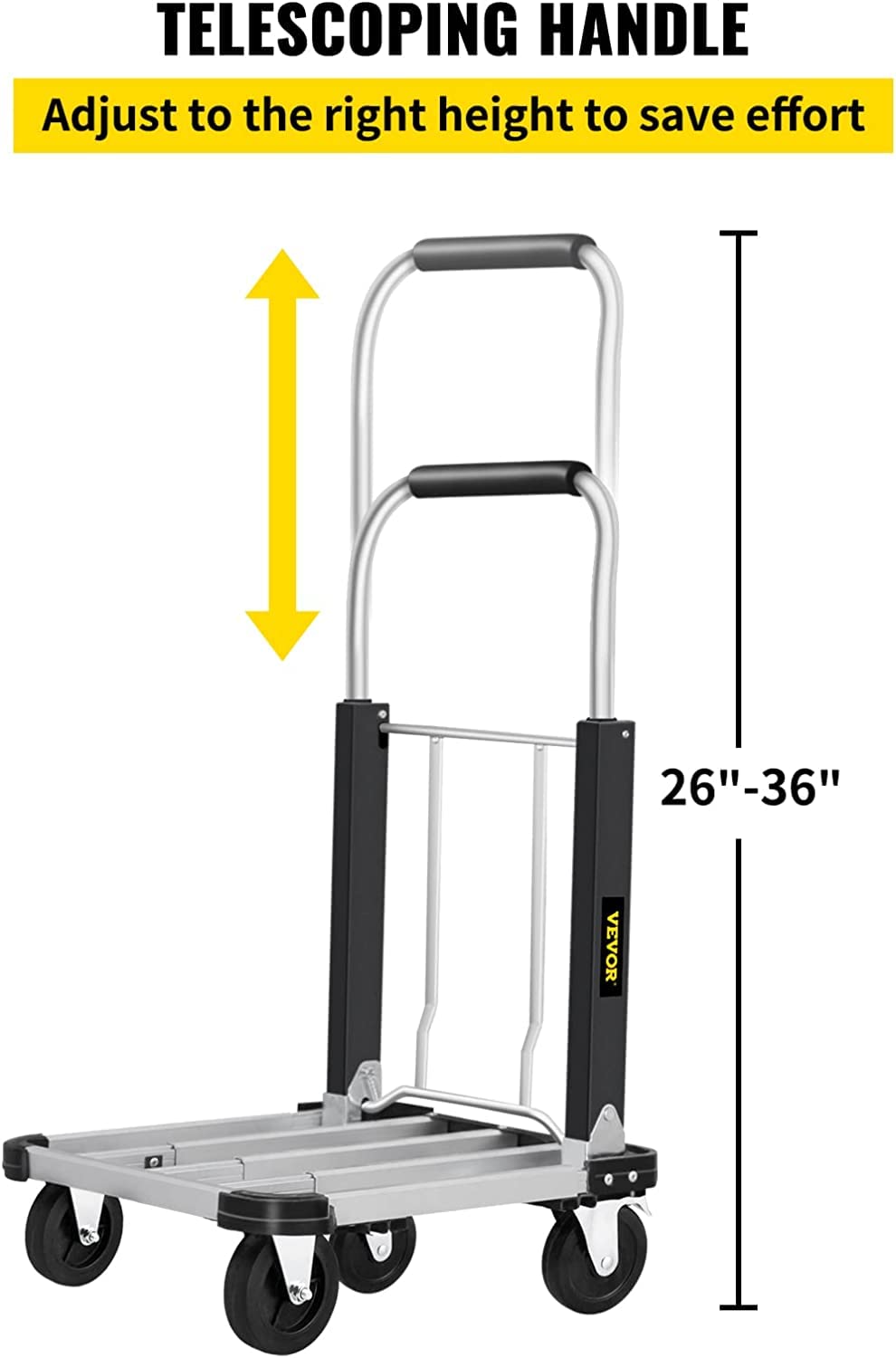 VEVOR Folding Platform Truck - Heavy Duty Aluminum Utility Cart with Telescoping Handle & 4 Wheels, 330LBS Capacity - Portable Adjustable Length Push Cart for Luggage, Travel, Shopping, Warehouse, Office & Home Use