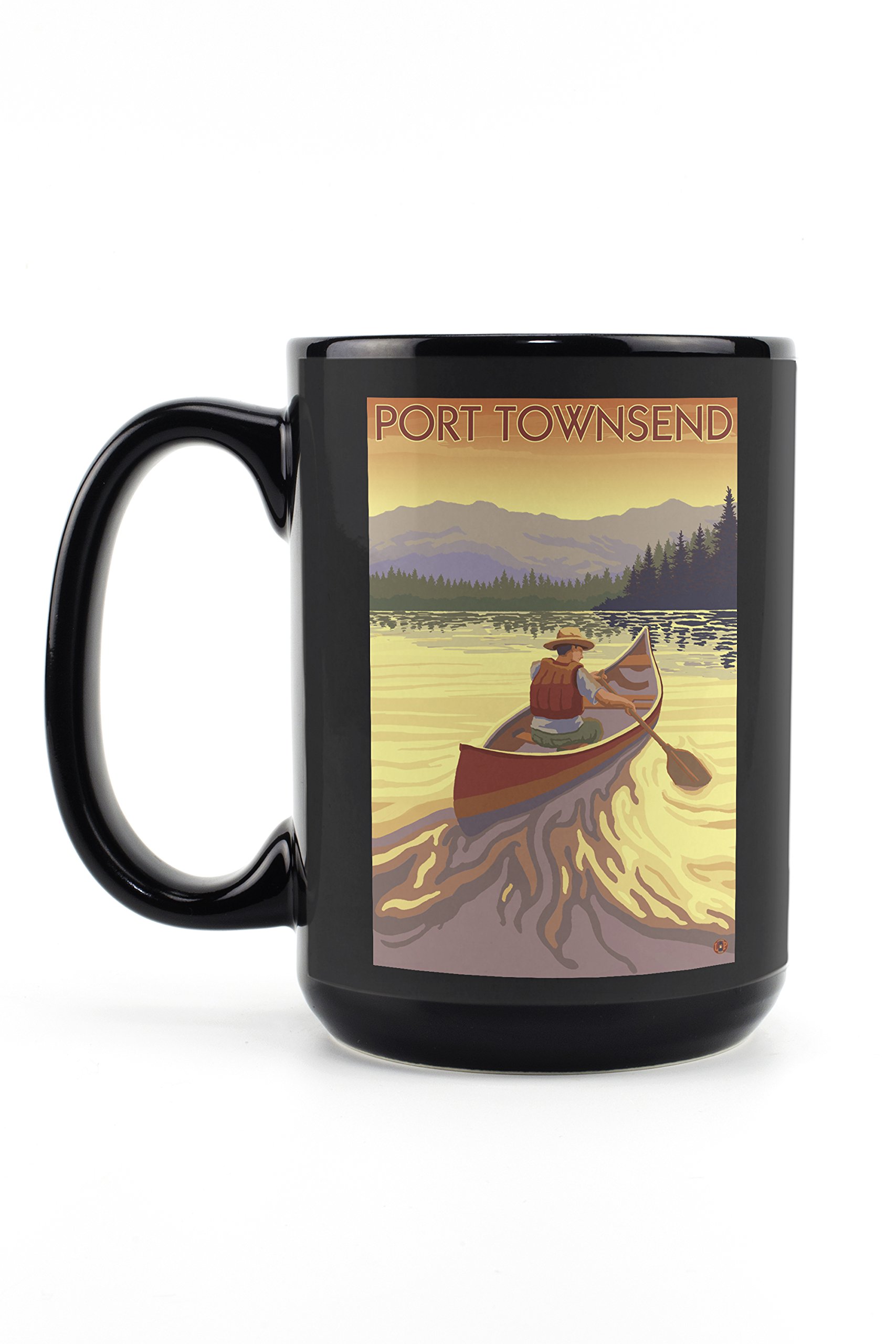 Lantern Press Port Townsend WA Canoe Design - 15oz Black Ceramic Coffee Mug & Tea Cup | Dishwasher & Microwave Safe | Perfect for Camping, Office & Home Use