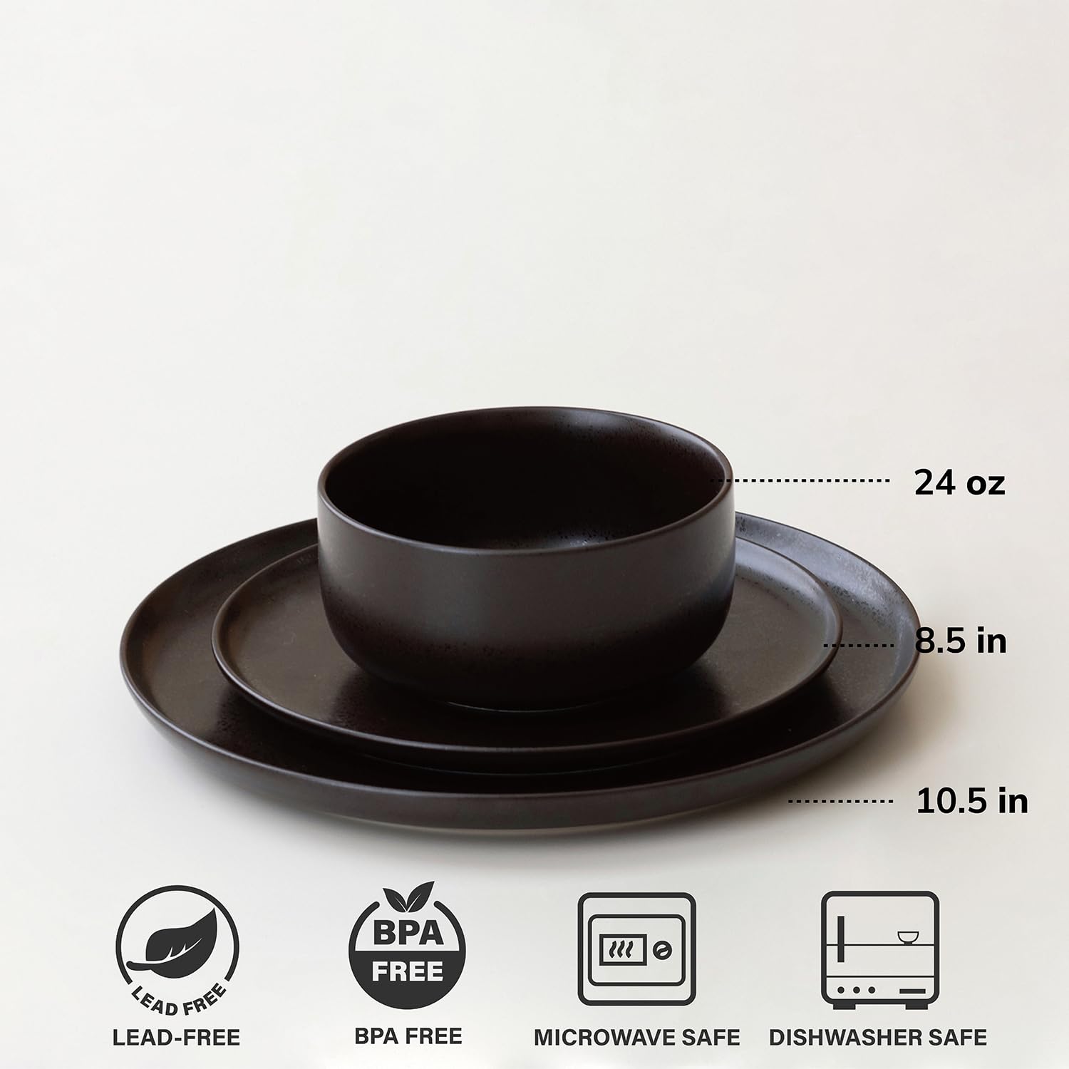12-Piece Stoneware Dinnerware Set - Reactive Glazed Plates & Bowls for 4, Scratch & Chip Resistant (Ink Spot Brown) | Elegant Table Setting for Family Dinners, Restaurants & Special Occasions