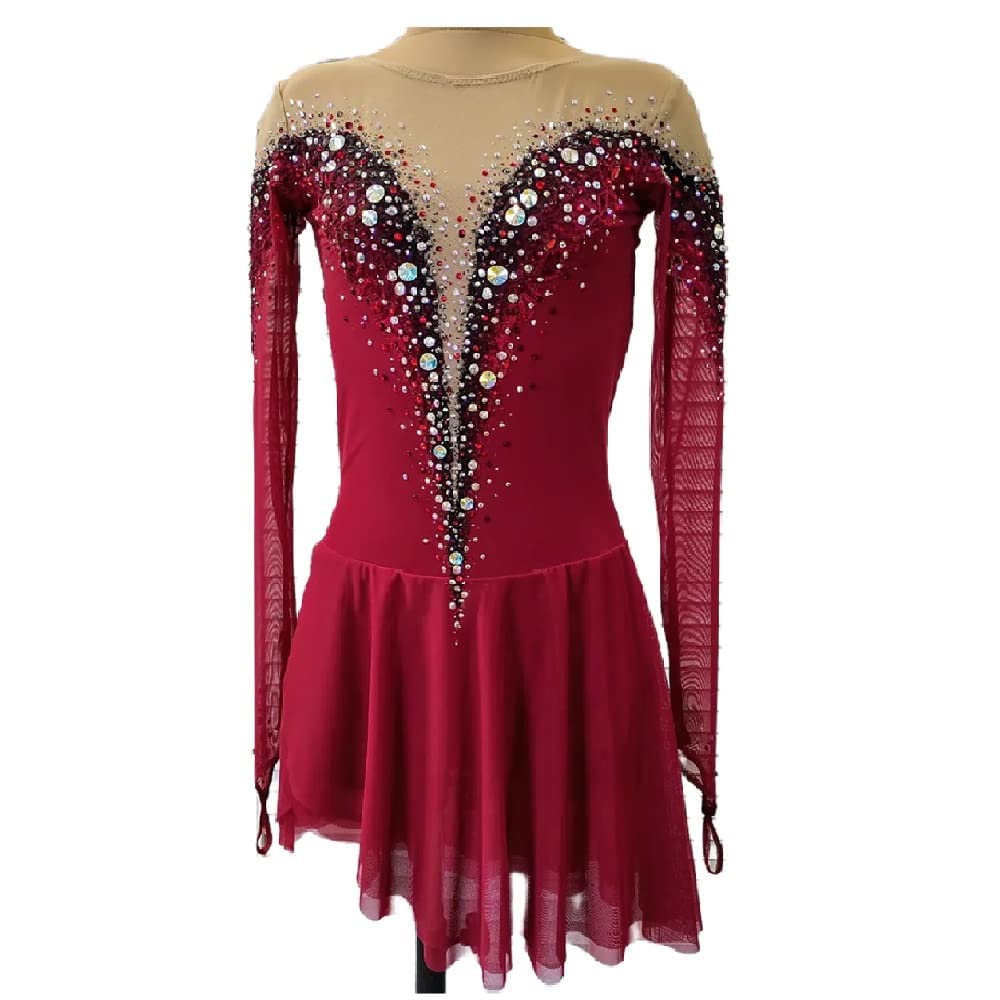 Women's Dark Red Boat Neck Long Sleeve Figure Skating Dress - Perfect for Ice Skating Performances, Competitions & Practice