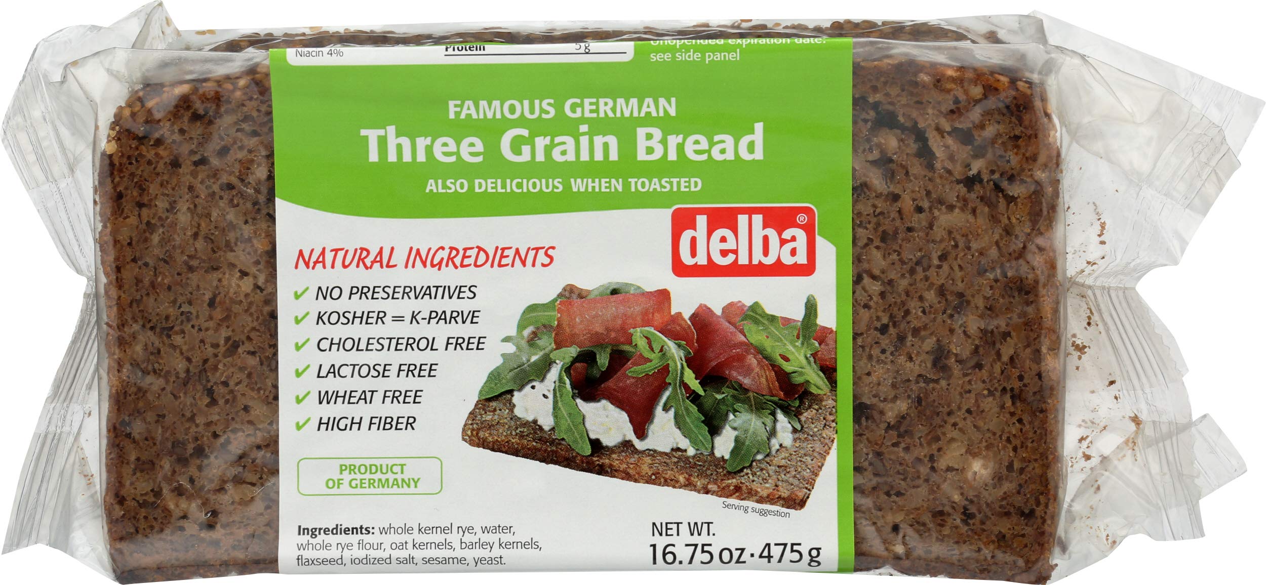 Delba Famous German Three Grain Bread - 16.75 Oz (Pack of 12) | Whole Grain Artisan Loaf | Perfect for Breakfast, Sandwiches & Healthy Snacks