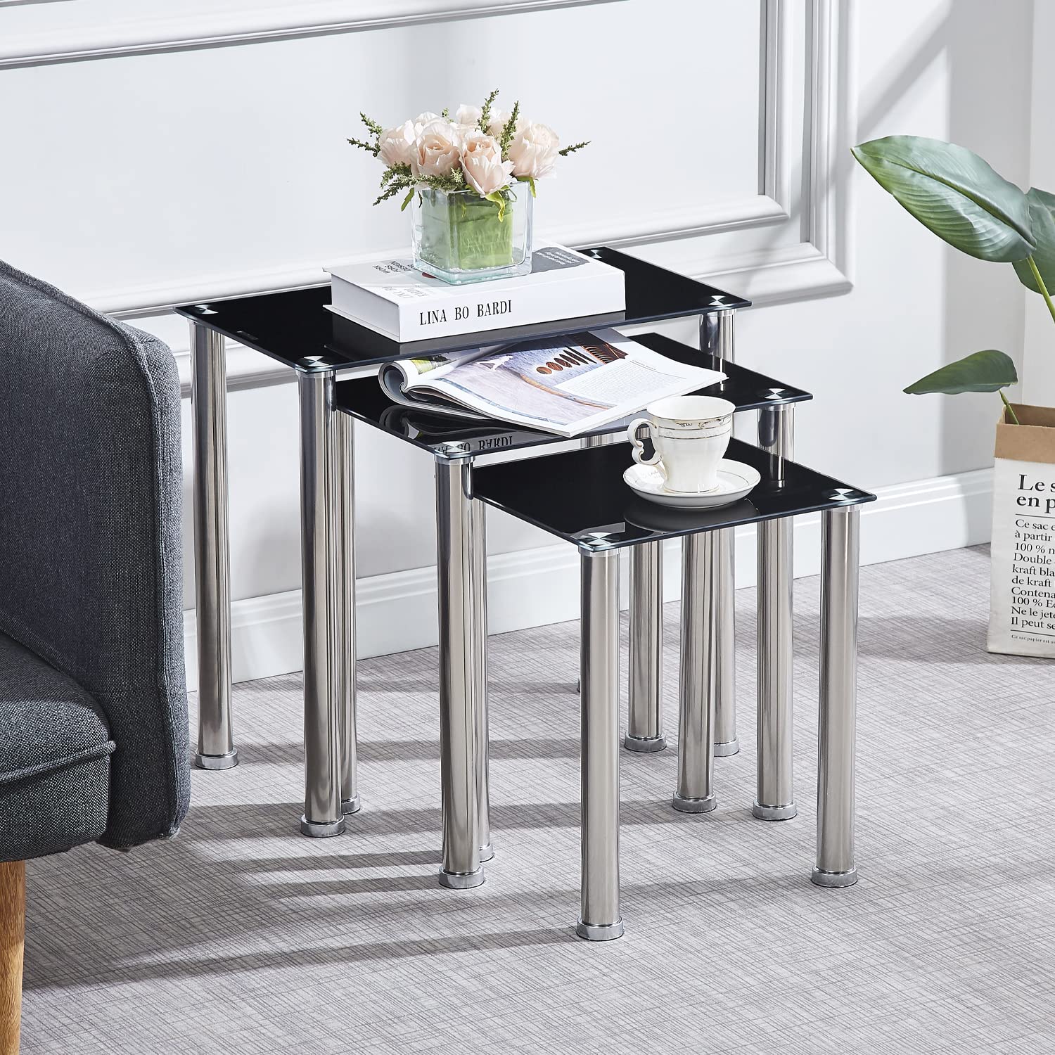 3-Piece Black Glass Nesting Coffee Table Set with Silver Legs - Stackable End Tables for Living Room, Sofa Side, and Small Space Decor - Tempered Glass Top for Durability & Style