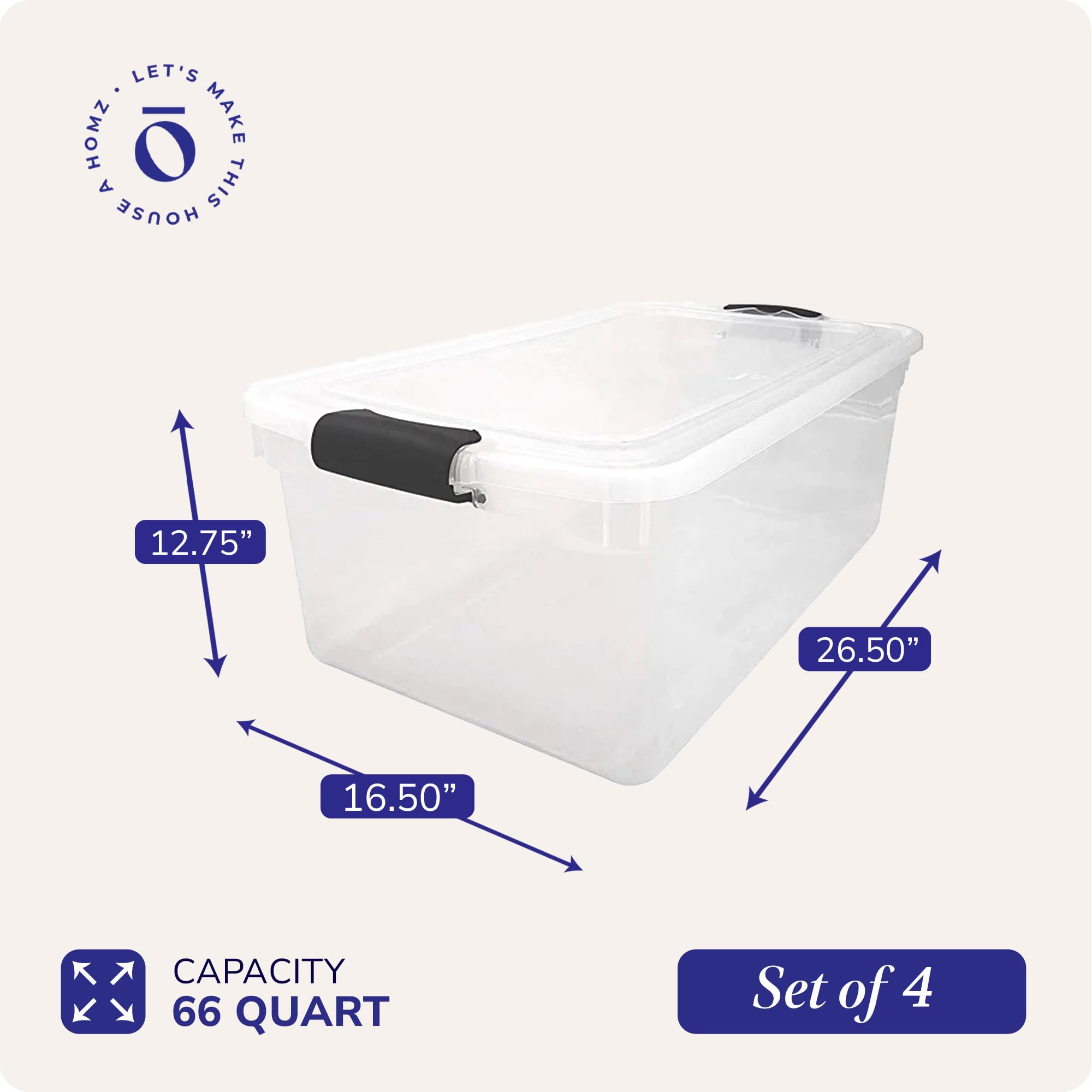 HOMZ 4-Pack 66 Quart Clear Plastic Storage Bins with Secure Gray Latches - Organizer Containers for Home, Office, Garage & Closet Organization