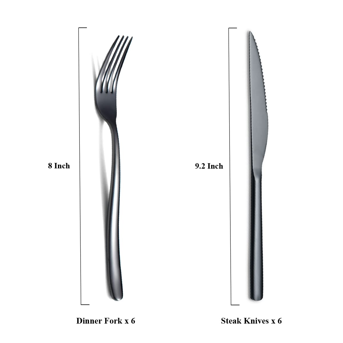Premium 12-Piece Black Steak Knives Set - 6 Stainless Steel Steak Knives & 6 Dinner Forks for 6 People | Dishwasher Safe, Rust-Resistant | Perfect for Steak Dinners, BBQs, and Fine Dining (Shiny Black)
