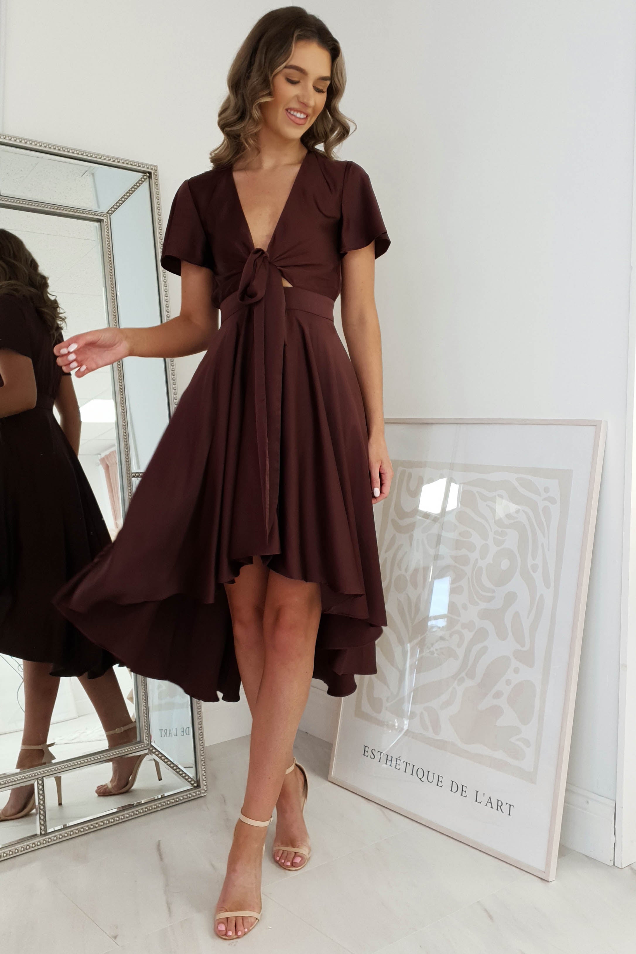 Elegant Maleri Satin Midi Dress in Chocolate Brown - Perfect for Cocktail Parties, Date Nights & Special Occasions