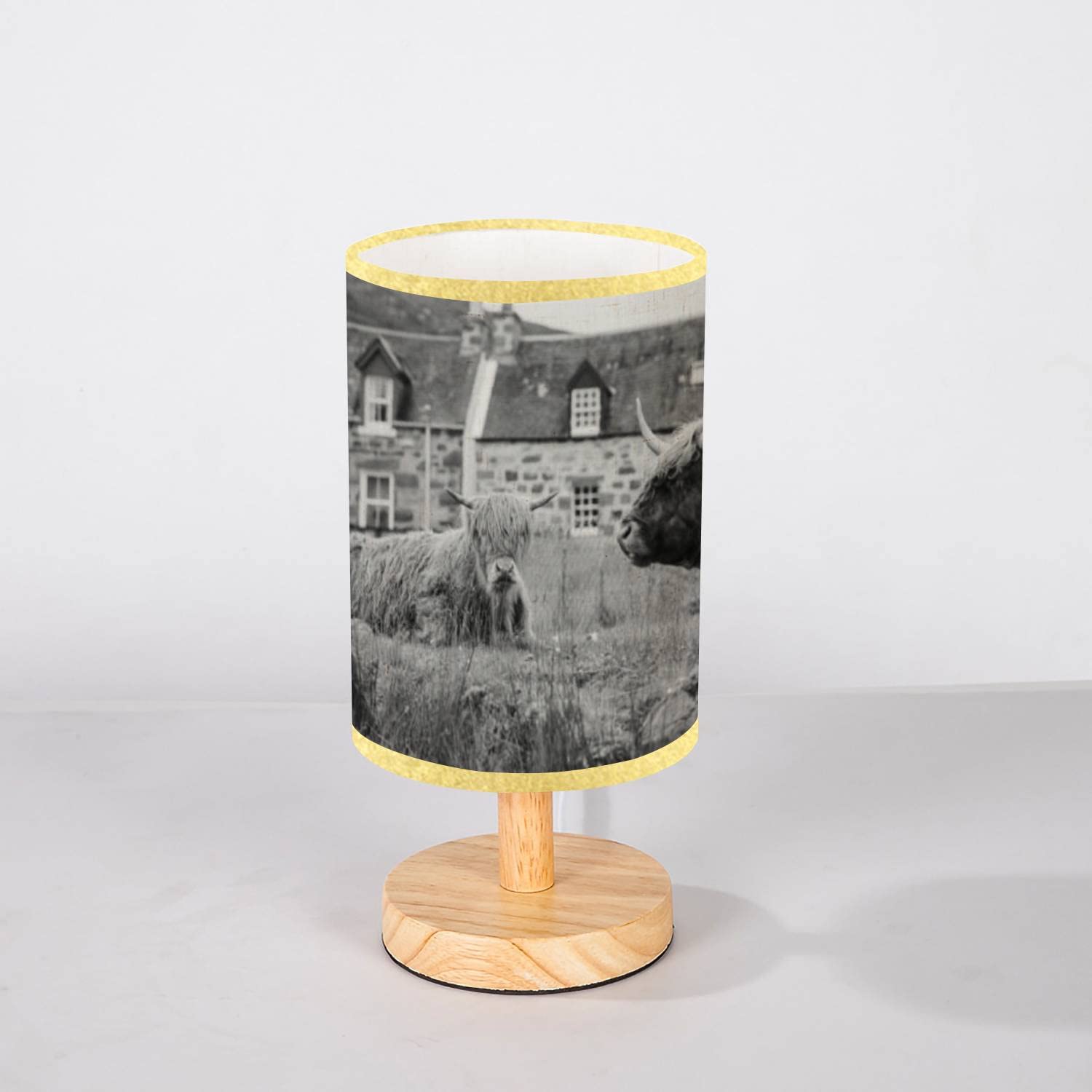 Minimalist Wooden Highland Cow Nightstand Lamp with Flaxen Fabric Shade - Modern Bedside Table Light for Bedroom, Nursery & Living Room - Perfect for Reading, Relaxation & Home Decor