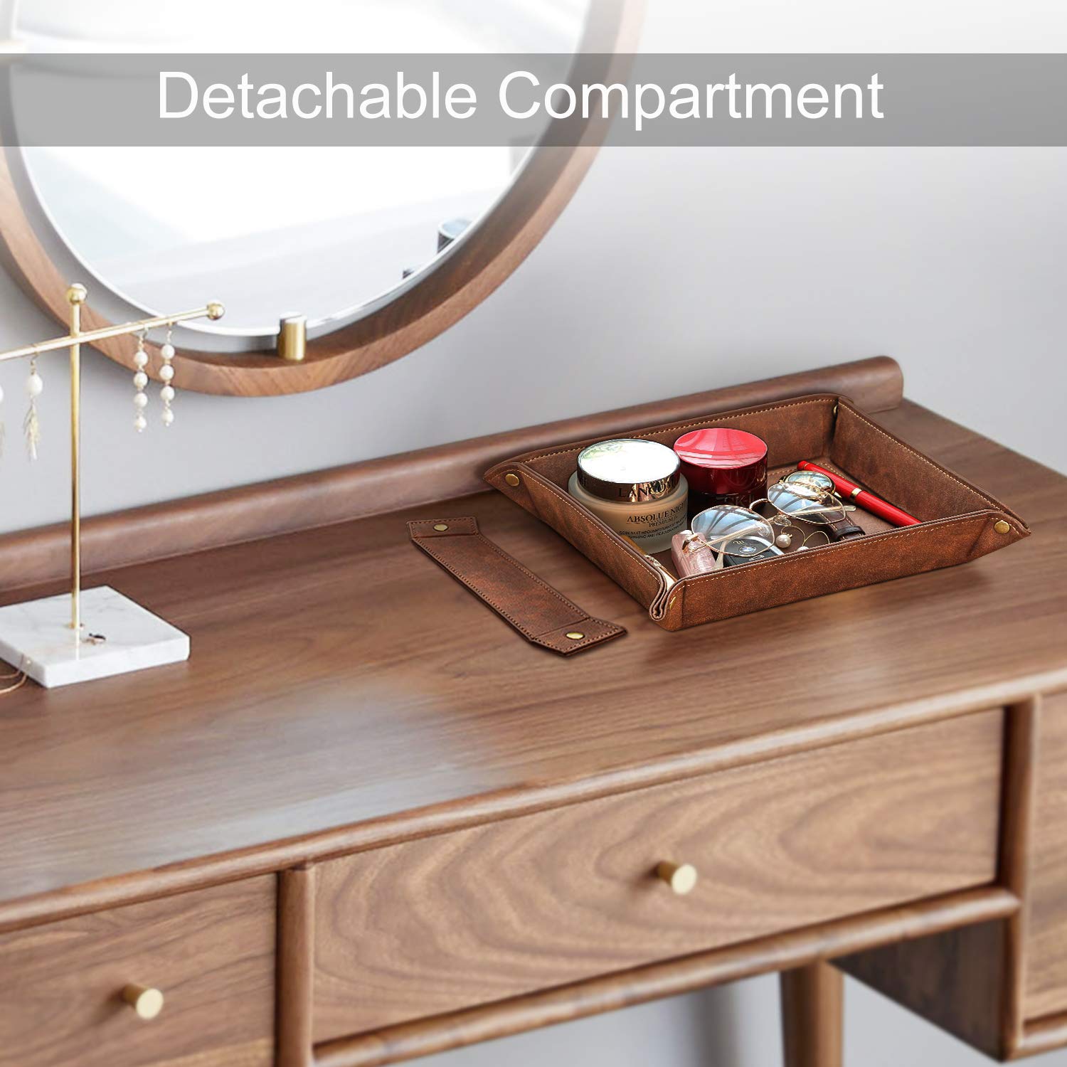 SITHON Valet Tray - 2 Compartment Desktop Organizer with Removable Dividers | Nightstand Catchall Tray for Jewelry, Keys & Essentials | Bedside, Vanity & Office Storage Solution (Brown)