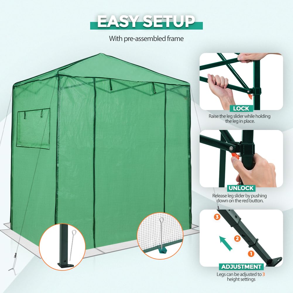 EAGLE PEAK 6x4 ft Portable Walk-in Greenhouse for Indoor & Outdoor Gardening - Pop-Up Plant Greenhouse with Zippered Door & Windows, PE Cover (Green) - Perfect for Seed Starting, Plant Protection & Year-Round Gardening