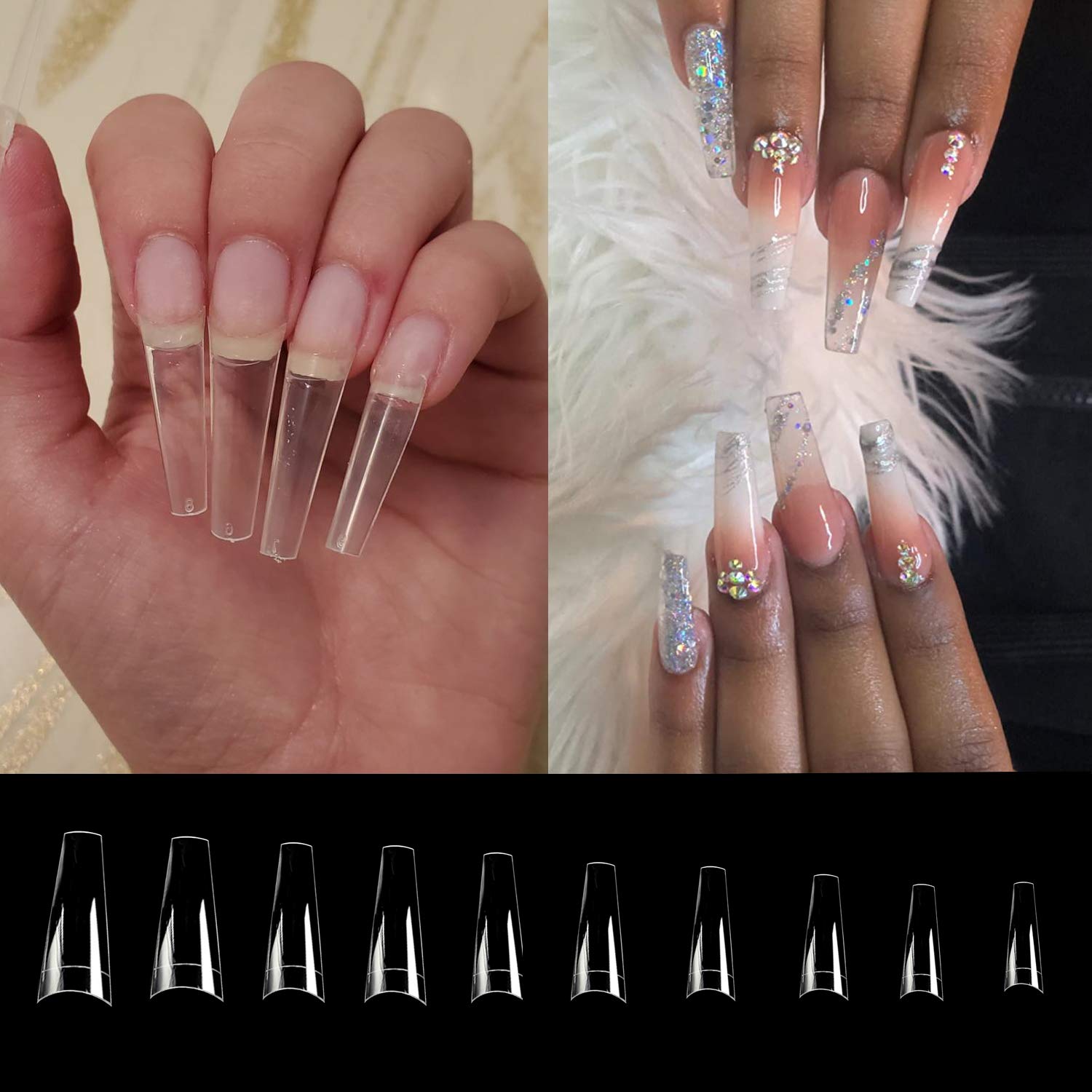 500pcs Clear Coffin Ballerina False Nails - Acrylic Long French Tips for Manicure & Nail Art (10 Sizes) | Half Cover Fake Nails for Salon & Home Use - Perfect for Weddings, Parties & Special Occasions