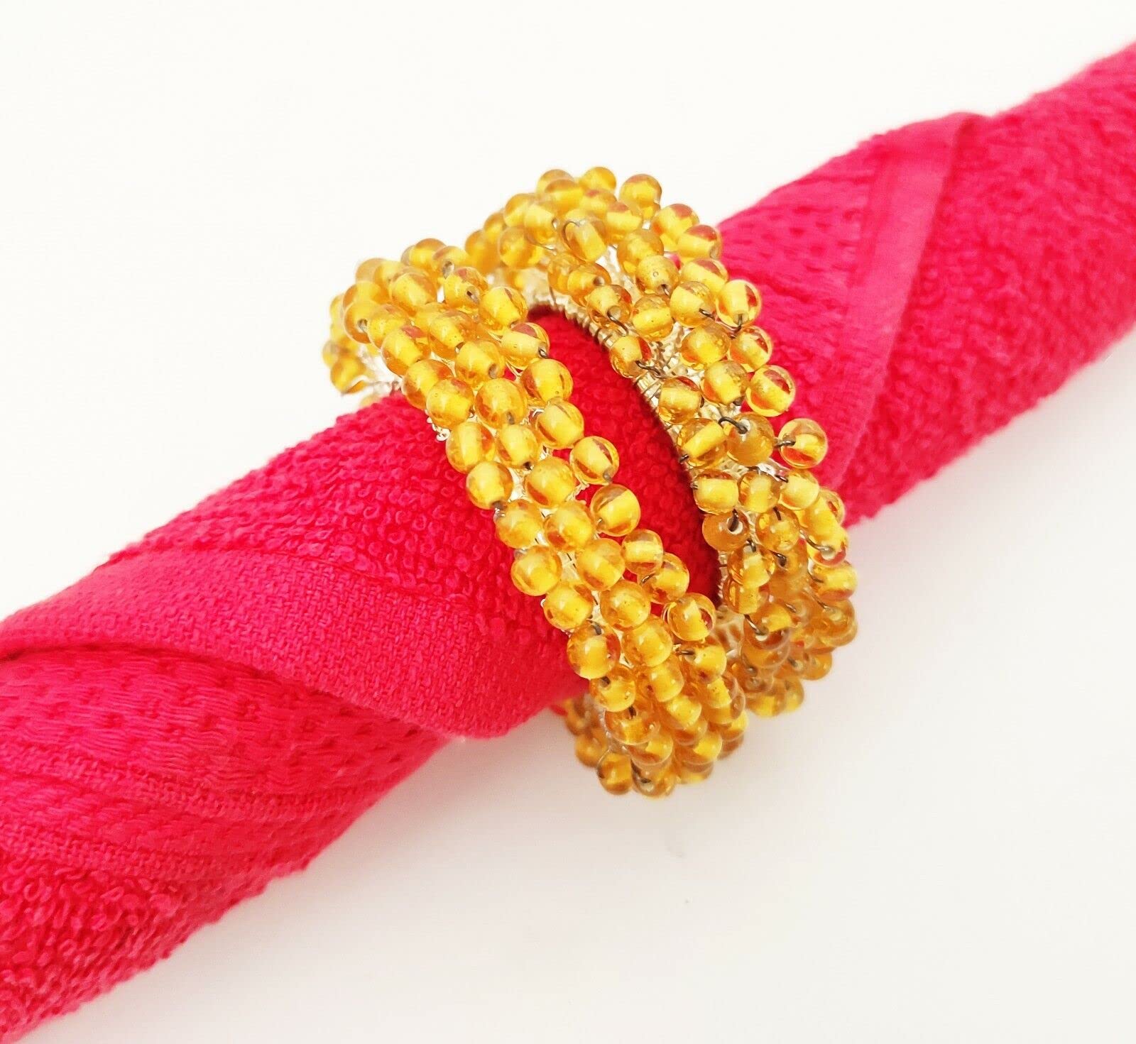 Sharvgun Set of 12 Pcs Yellow Beaded Napkin Rings - Elegant Round Napkin Holders for Home Kitchen Table Décor, Perfect for Dinner Parties, Weddings & Holiday Gatherings