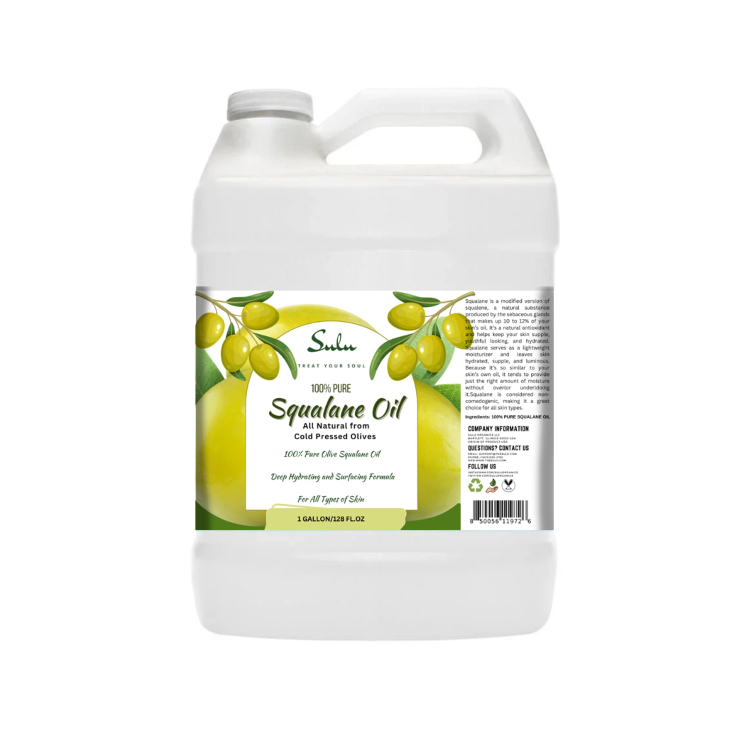 100% Pure Olive-Derived Squalane Oil for Face, Hair & Body Care - Cold Pressed, 1 Gallon (128 fl oz) - Hydrating Moisturizer for Dry Skin, Hair Treatment & Massage Oil