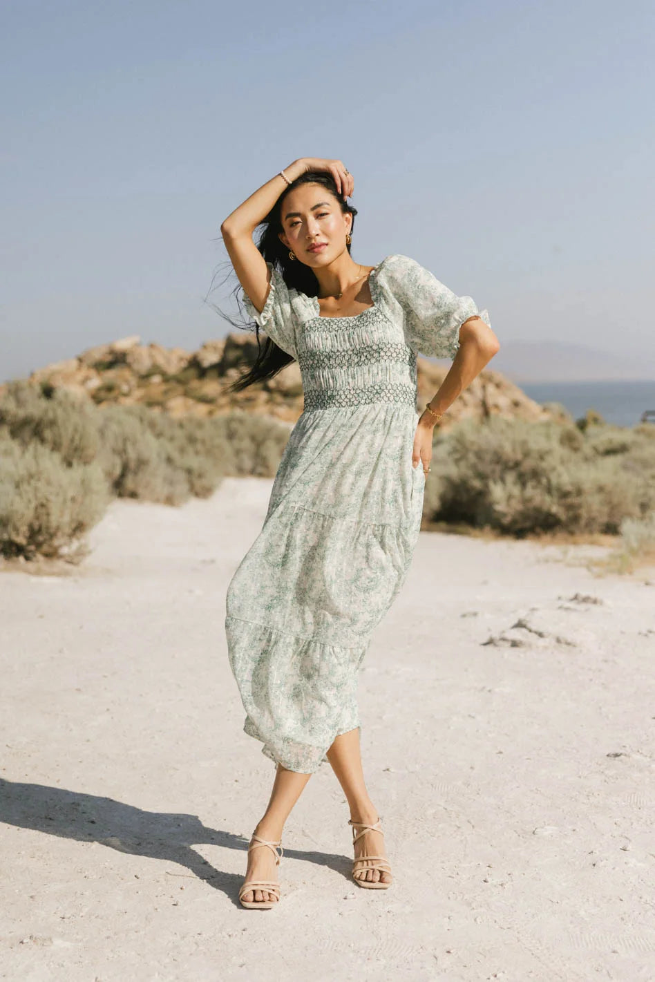 Nadia Smocked Midi Dress for Women - Floral Summer Dress with Ruffled Sleeves | Perfect for Beach Vacations, Date Nights & Garden Parties (Final Sale)