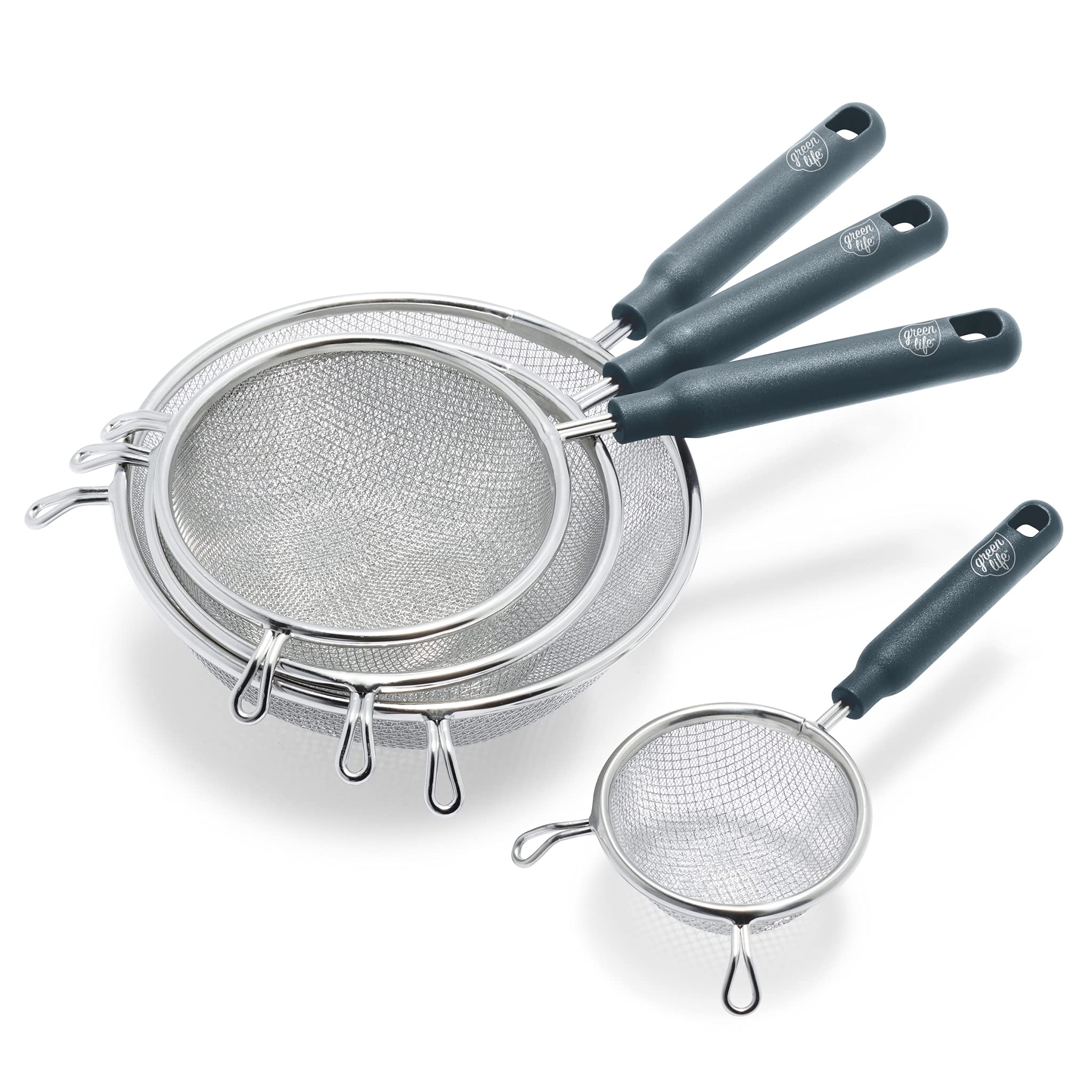 GreenLife 4-Piece Stainless Steel Mesh Strainer Set - Fine Kitchen Colander with Cool-Touch Handles, Dishwasher Safe & BPA-Free (Grey) - Perfect for Straining Pasta, Washing Vegetables, and Draining Canned Goods