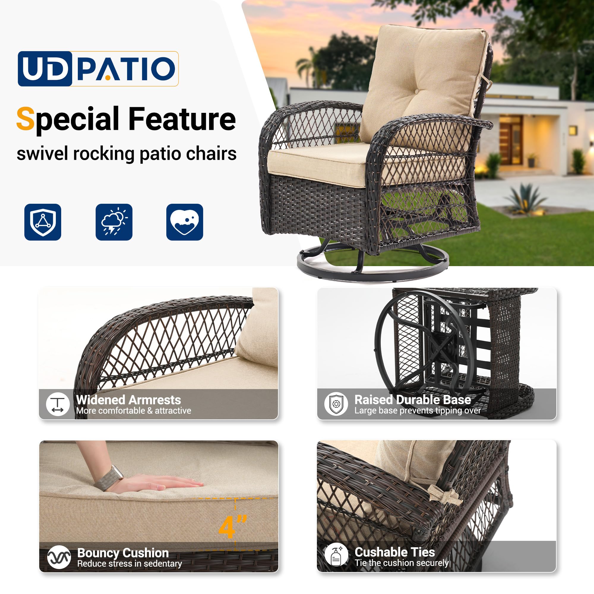 UDPATIO 3-Piece Outdoor Patio Furniture Set - 2 Swivel Rocker Chairs with Thick Cushions & Glass Coffee Table, All-Weather Wicker for Porch, Deck, Backyard, Garden (Khaki) - Perfect for Relaxing, Entertaining & Outdoor Lounging
