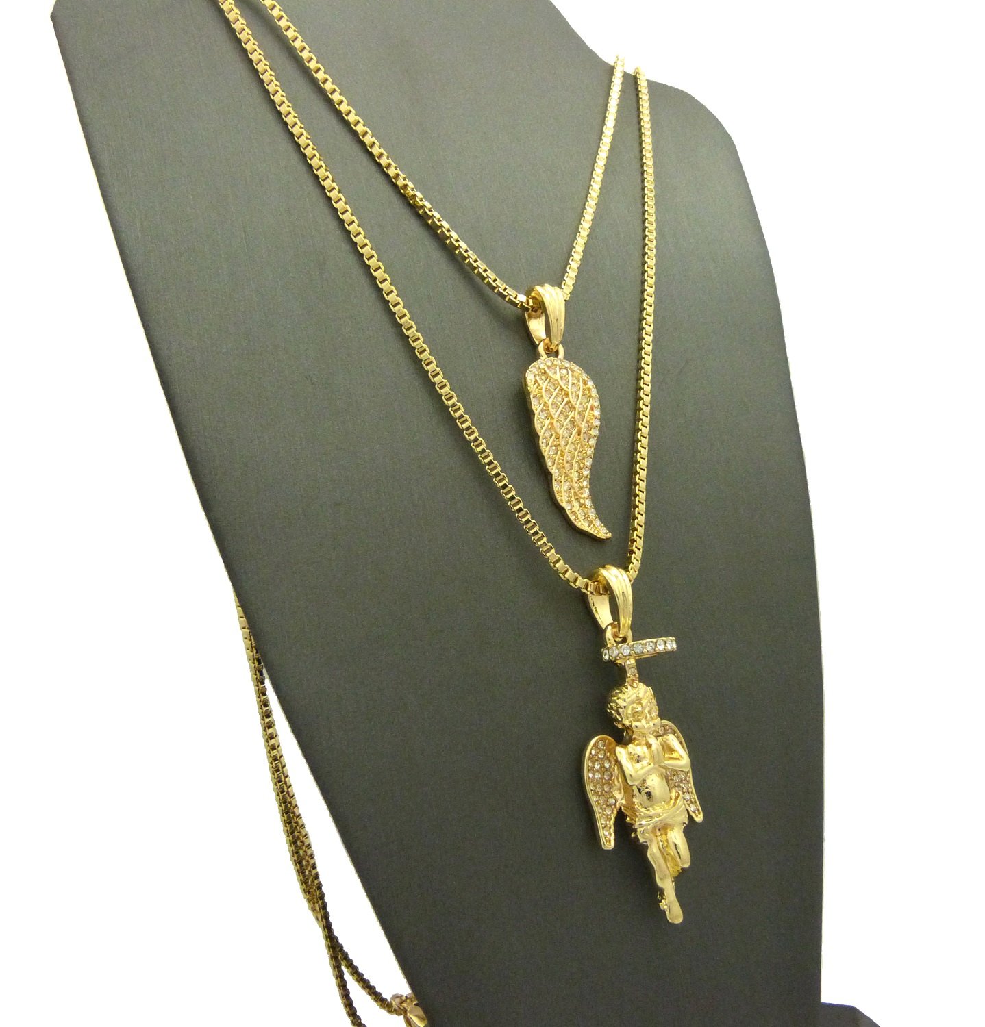 Iced Out Angel Wing & Angel Pendant Necklace Set with 24