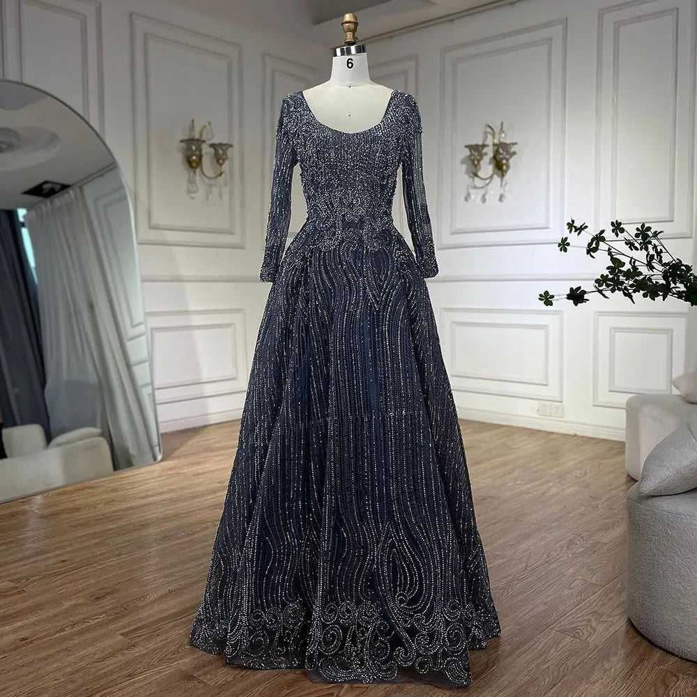 Luxury Dubai Evening Dresses for Women 2025 - Elegant A-Line Beaded Muslim Grey Blue Overskirt LA70773A | Perfect for Weddings, Parties & Formal Events