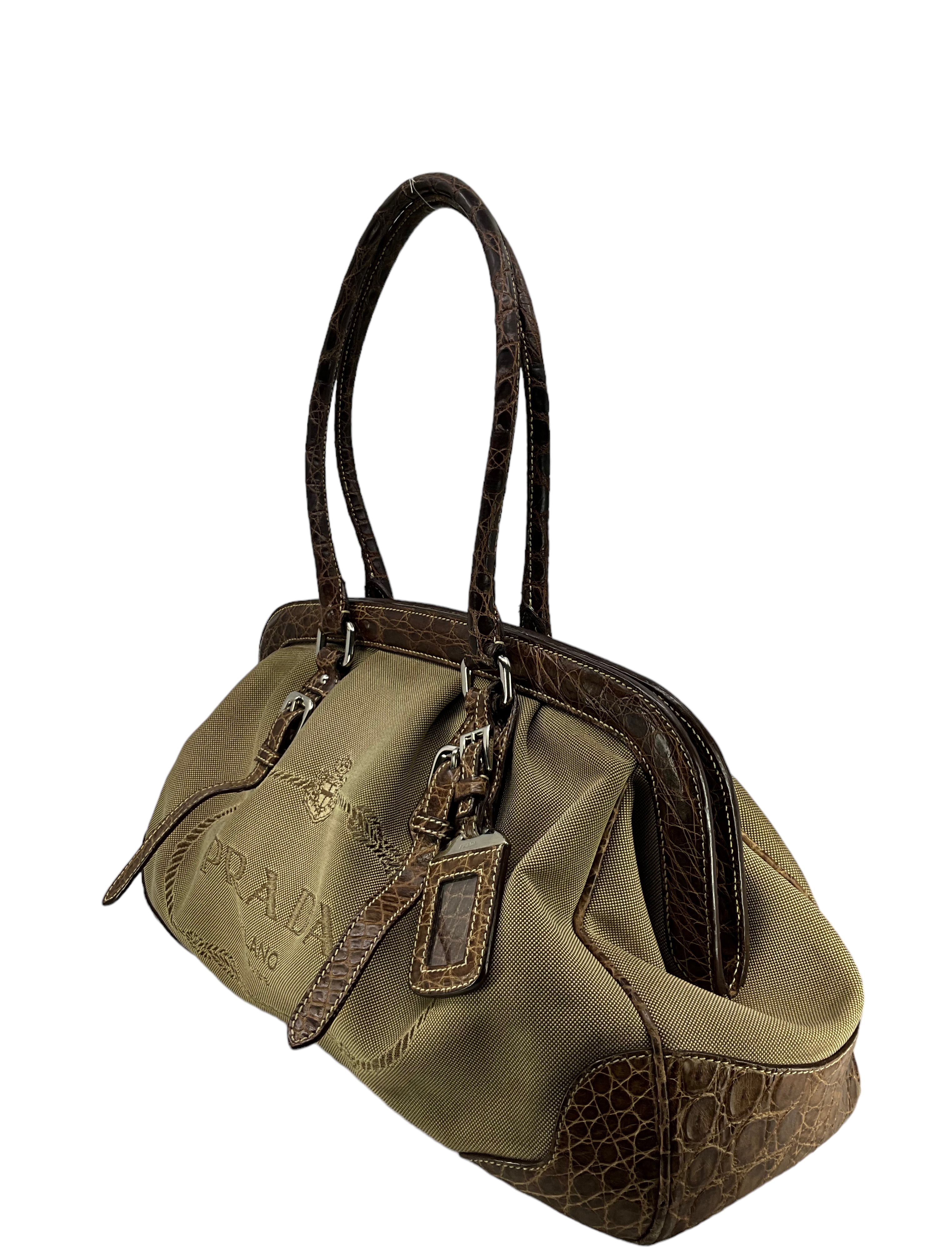 Prada Handbag for Women - Brown Crocodile Leather & Canvas Designer Shoulder Bag | Luxury Fashion Accessory for Work, Party & Everyday Use