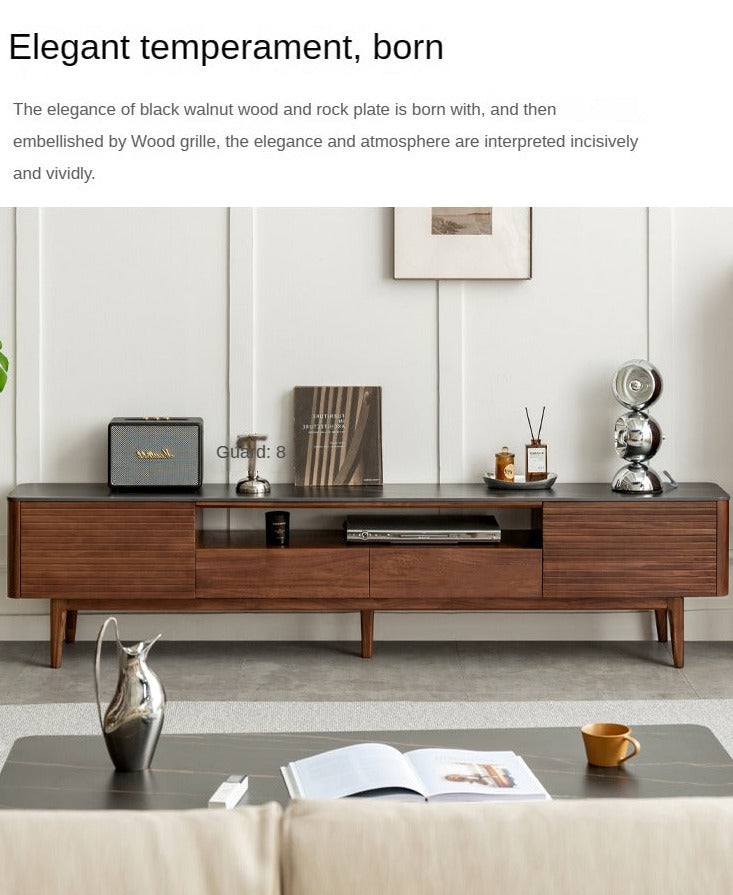 Black Walnut Solid Wood TV Stand with Slate Top - Rustic Modern Entertainment Center for Living Room, Bedroom & Home Theater