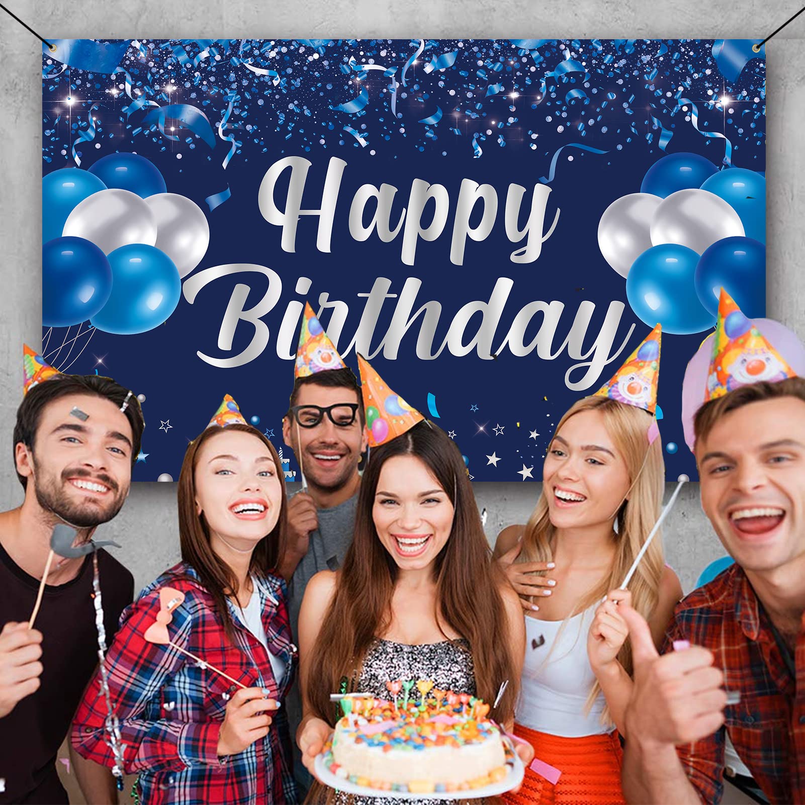 Blue and Silver Happy Birthday Banner Backdrop - Party Decorations for Men, Women, Kids - Indoor/Outdoor Photo Background - Perfect for Birthday Parties, Celebrations & Gift Giving