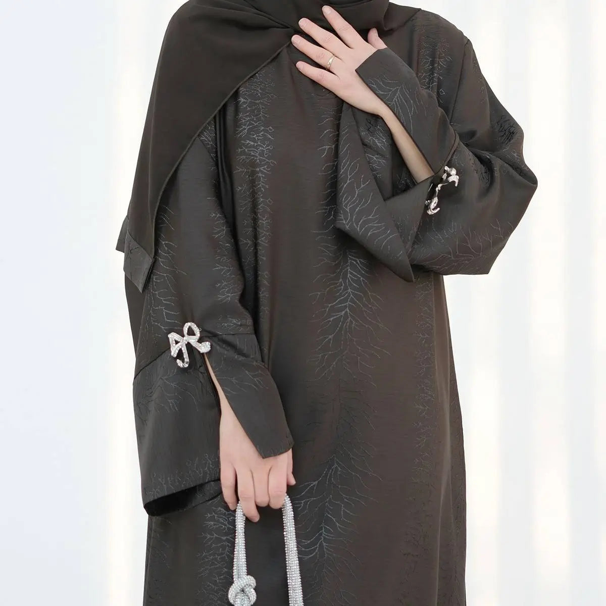 Elegant Jacquard Satin Bow Abaya Dress #25006 - Modest Muslim Women's Prayer Dress for Special Occasions & Daily Wear