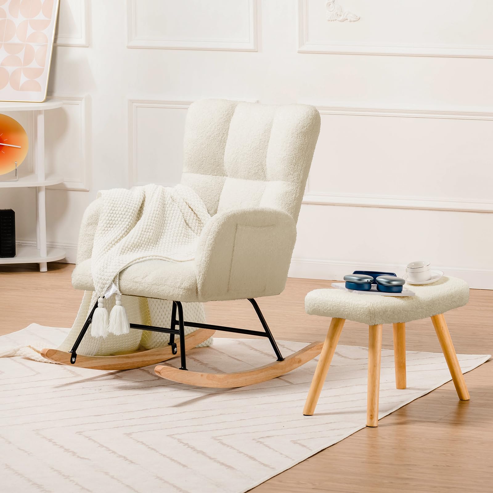 ComHoma Nursery Rocking Chair with Ottoman - Teddy Glider Recliner, High Back Accent Chair for Adults - Perfect for Reading, Nursing, Living Room & Office (Beige) | Cozy Comfort for Baby Nurseries, Relaxing Evenings & Home Decor