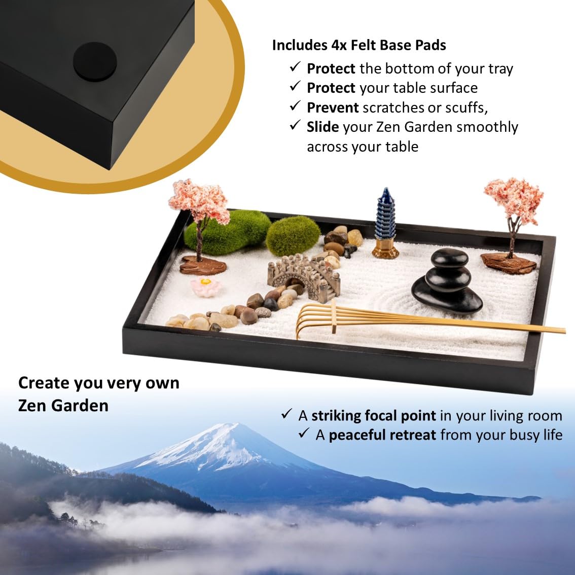 Zen Garden Kit 11x8in - Japanese Mini Rock Sand Garden with 6 Tools & 15 Accessories - Desktop Meditation Decor for Home & Office - Stress Relief Gift Set for Adults - Perfect for Mindfulness Practice, Office Decor, and Therapy Rooms